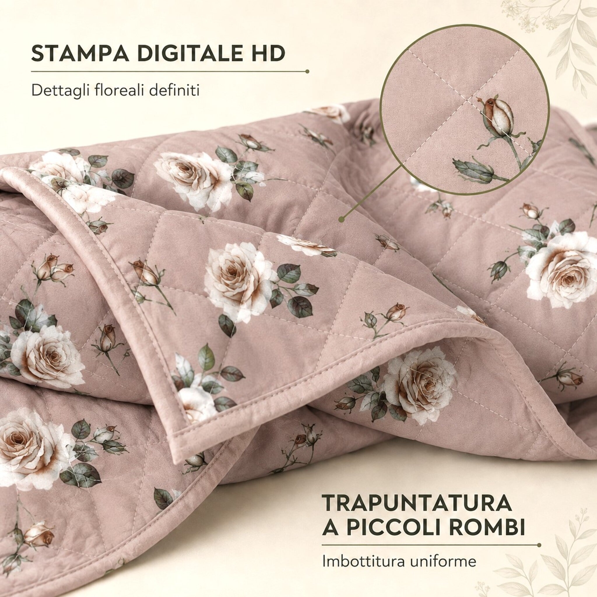Stampa floreale digitale HD e trapuntatura a piccoli rombi del copriletto Callas 3 Tortora