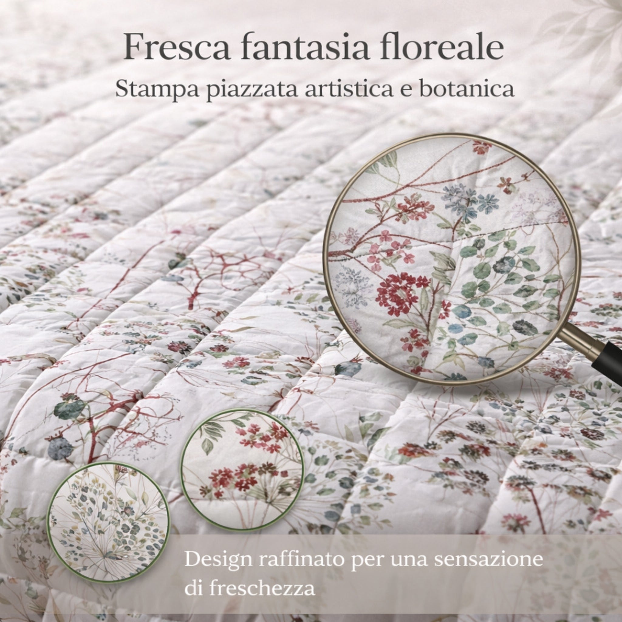 Dettaglio stampa floreale botanica copriletto Cogal
