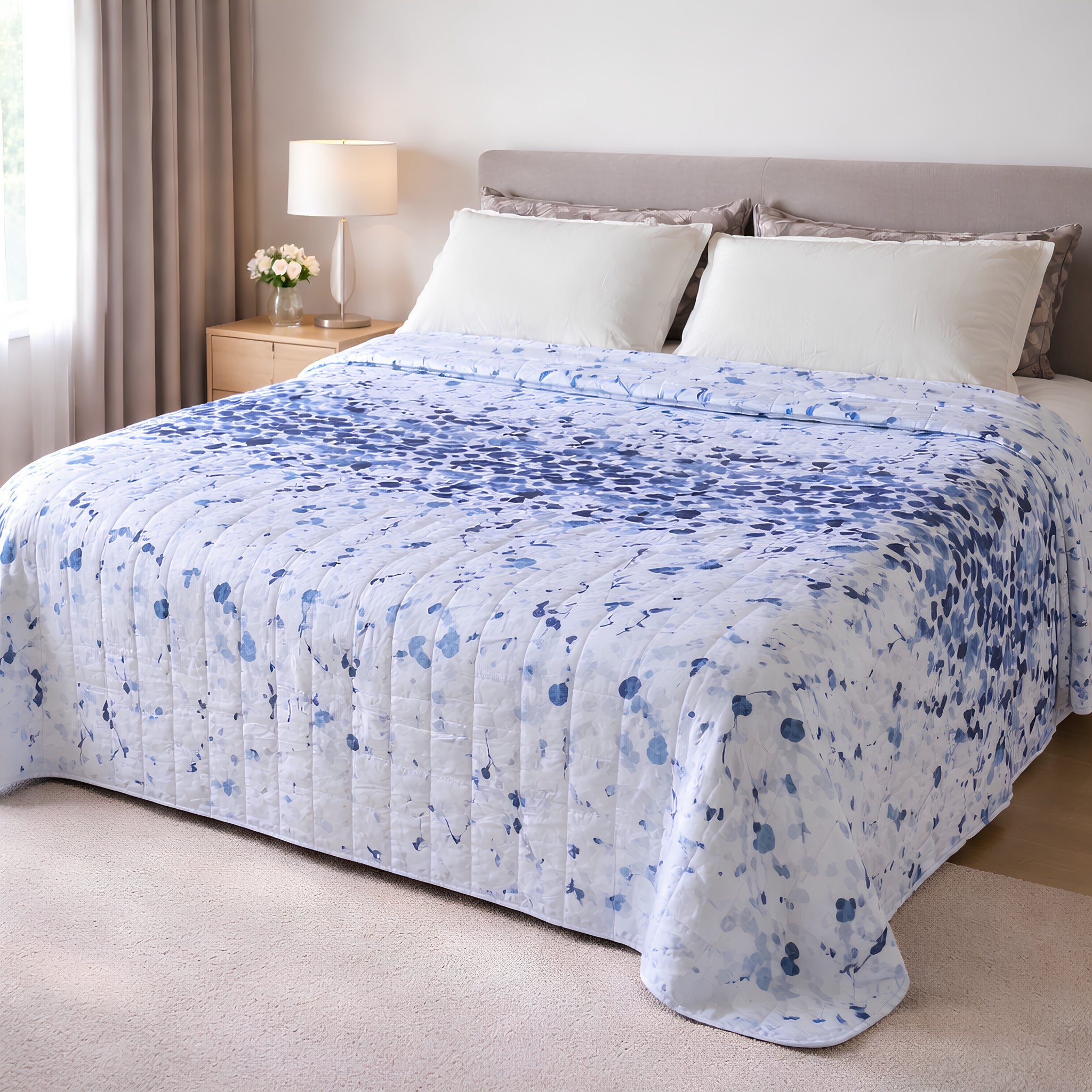 Copriletto trapuntato matrimoniale Cogal 260x260 blu fantasia pennellata
