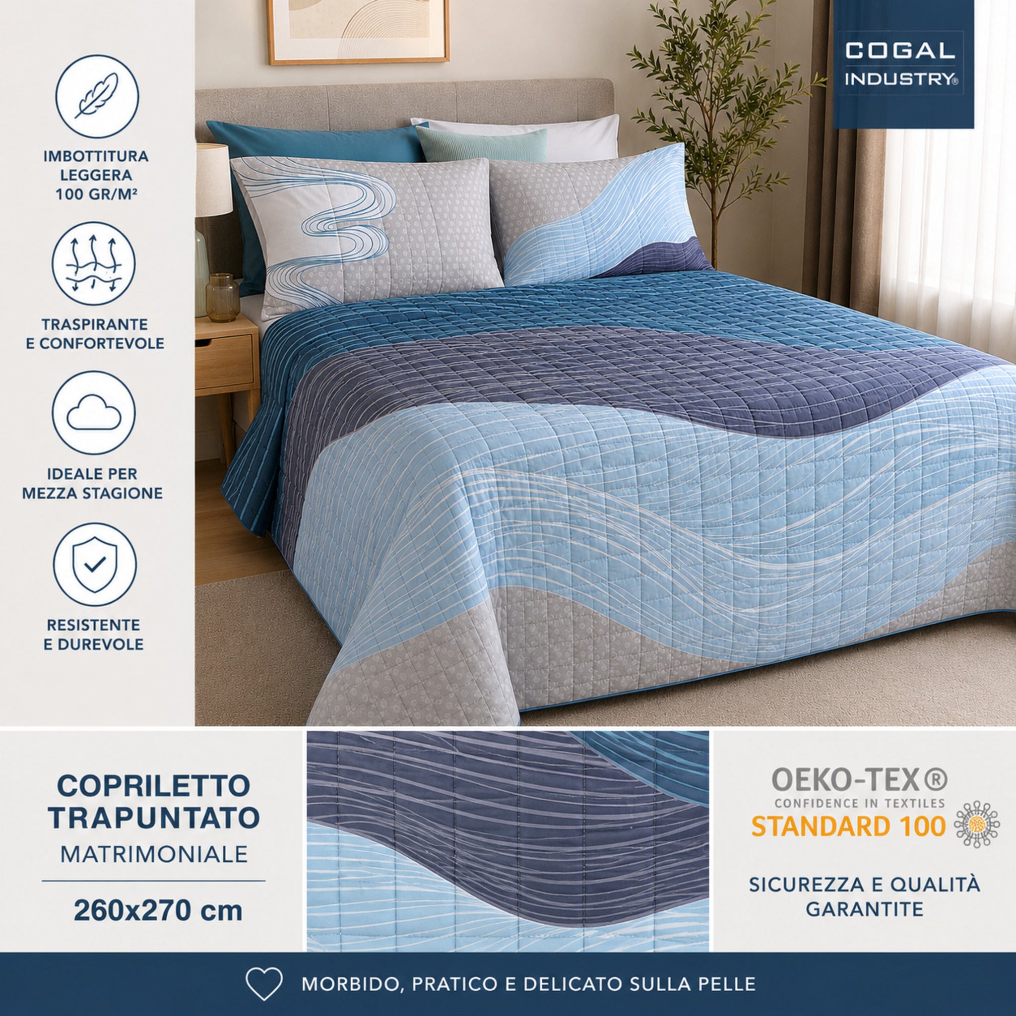 Copriletto matrimoniale Cogal certificato Oeko-Tex Standard 100