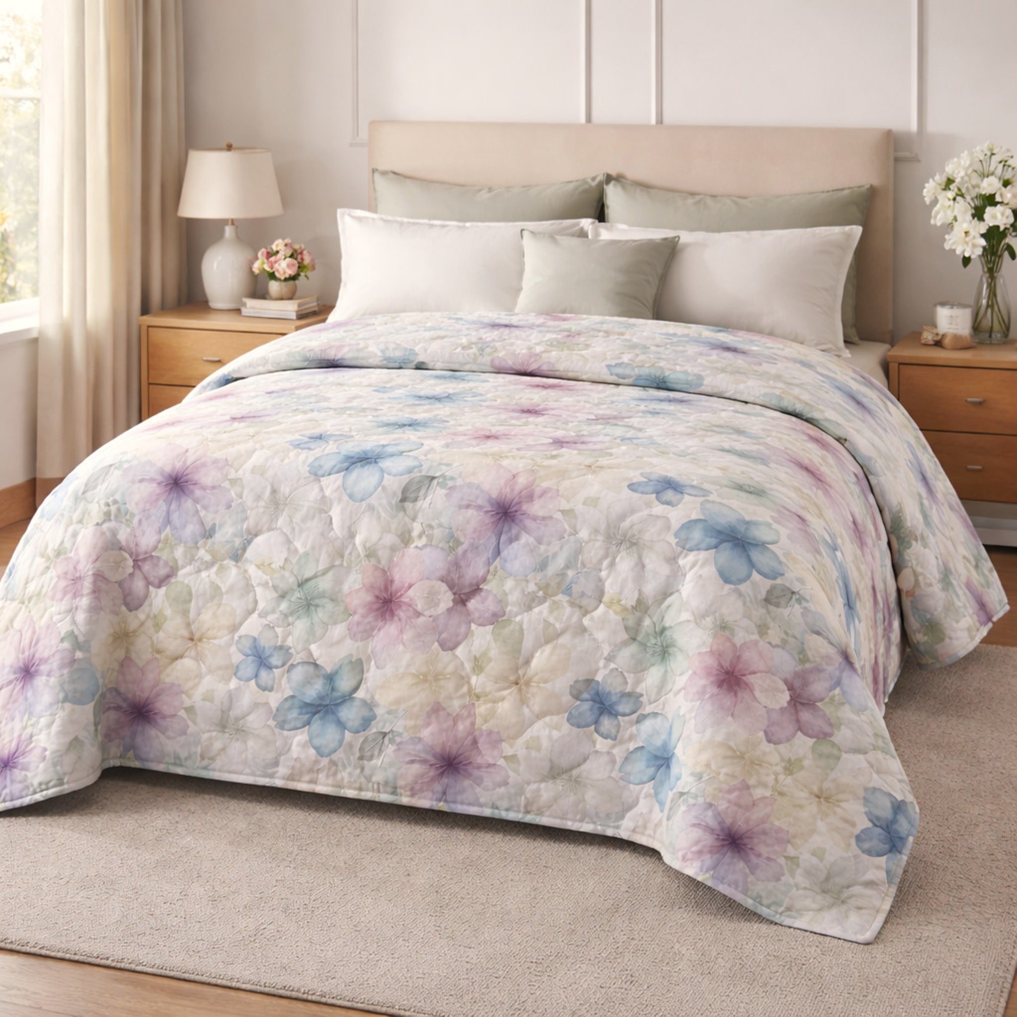 Copriletto matrimoniale Zambaiti Soft 260x260 floreale ambientato