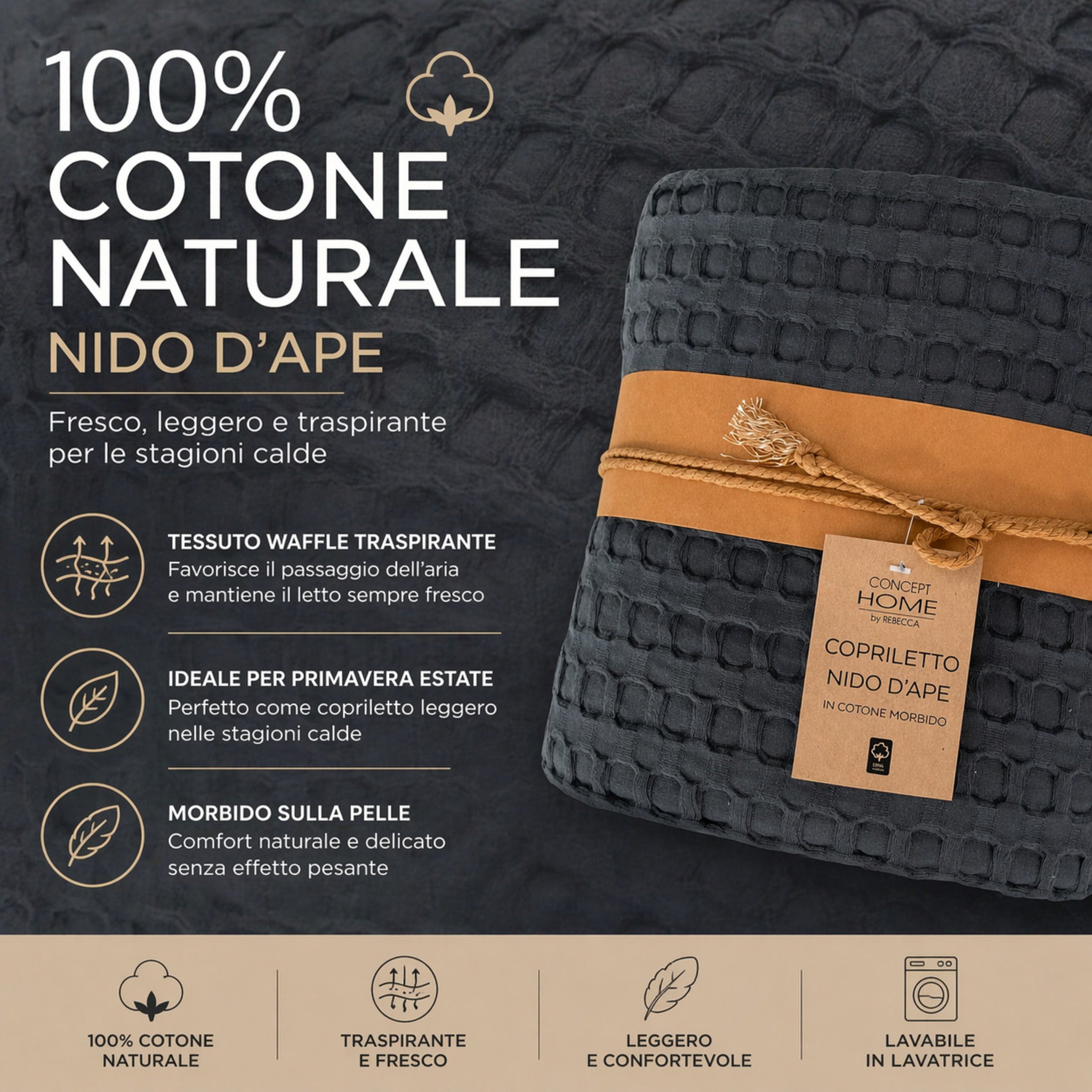 tessuto nido d ape cotone copriletto traspirante estivo antracite