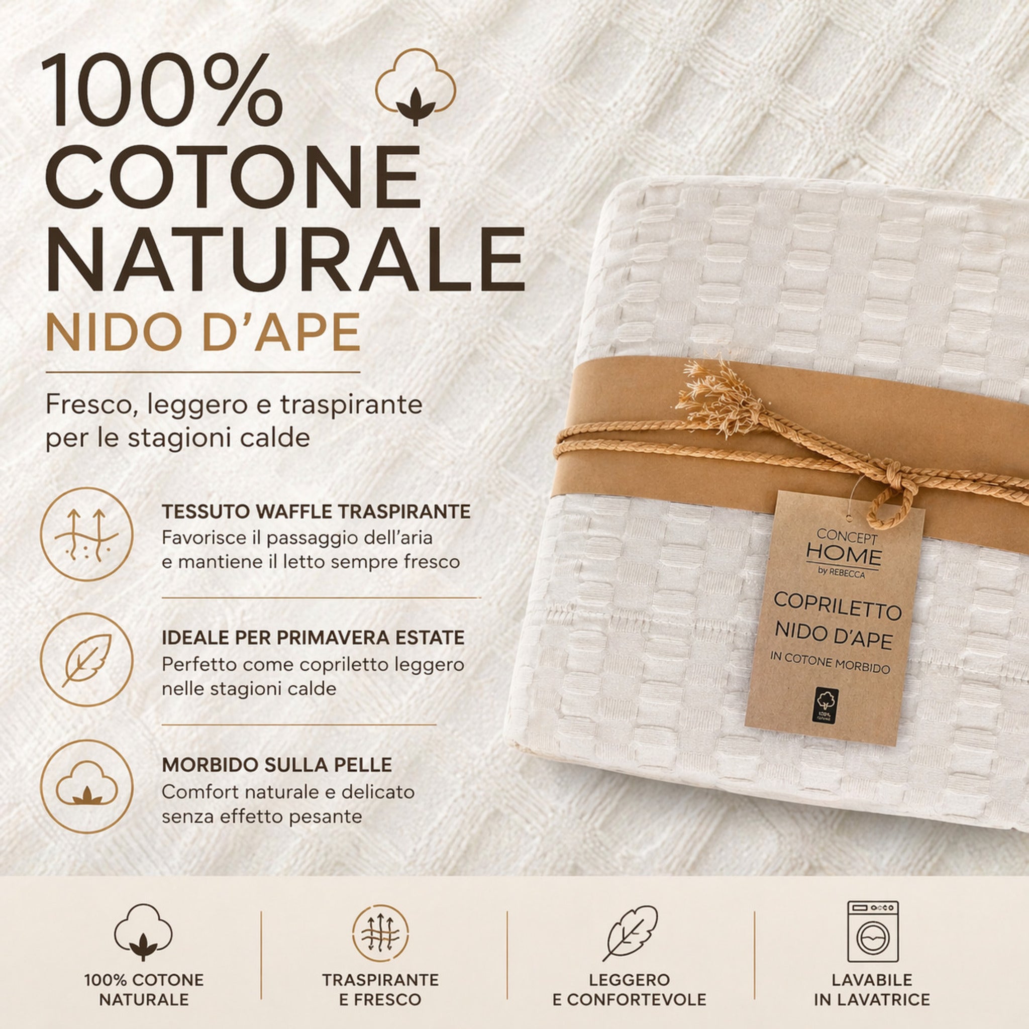 tessuto nido d ape cotone copriletto traspirante estivo avorio