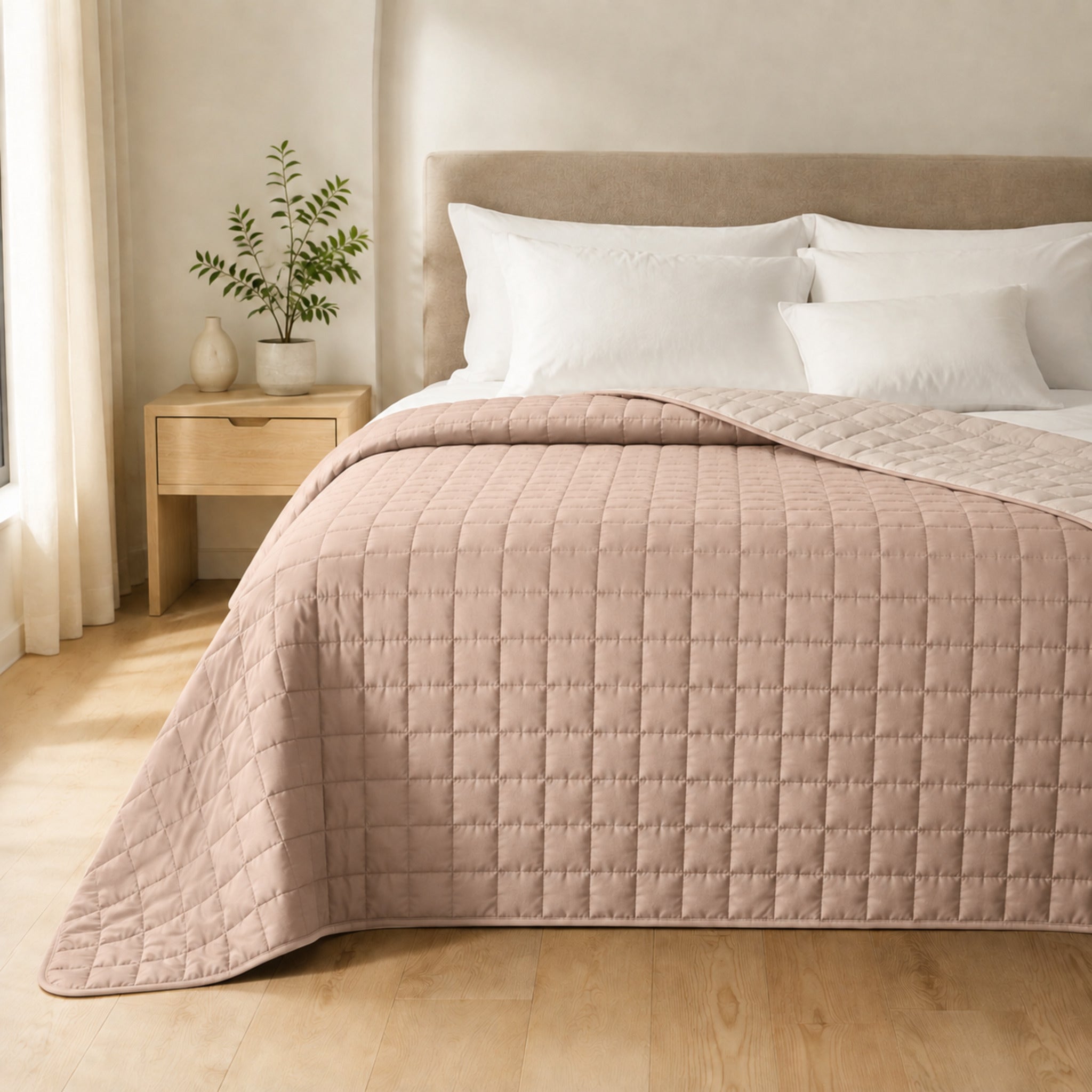 Copriletto trapuntato Caleffi Modern color cipria su letto da una piazza e mezza