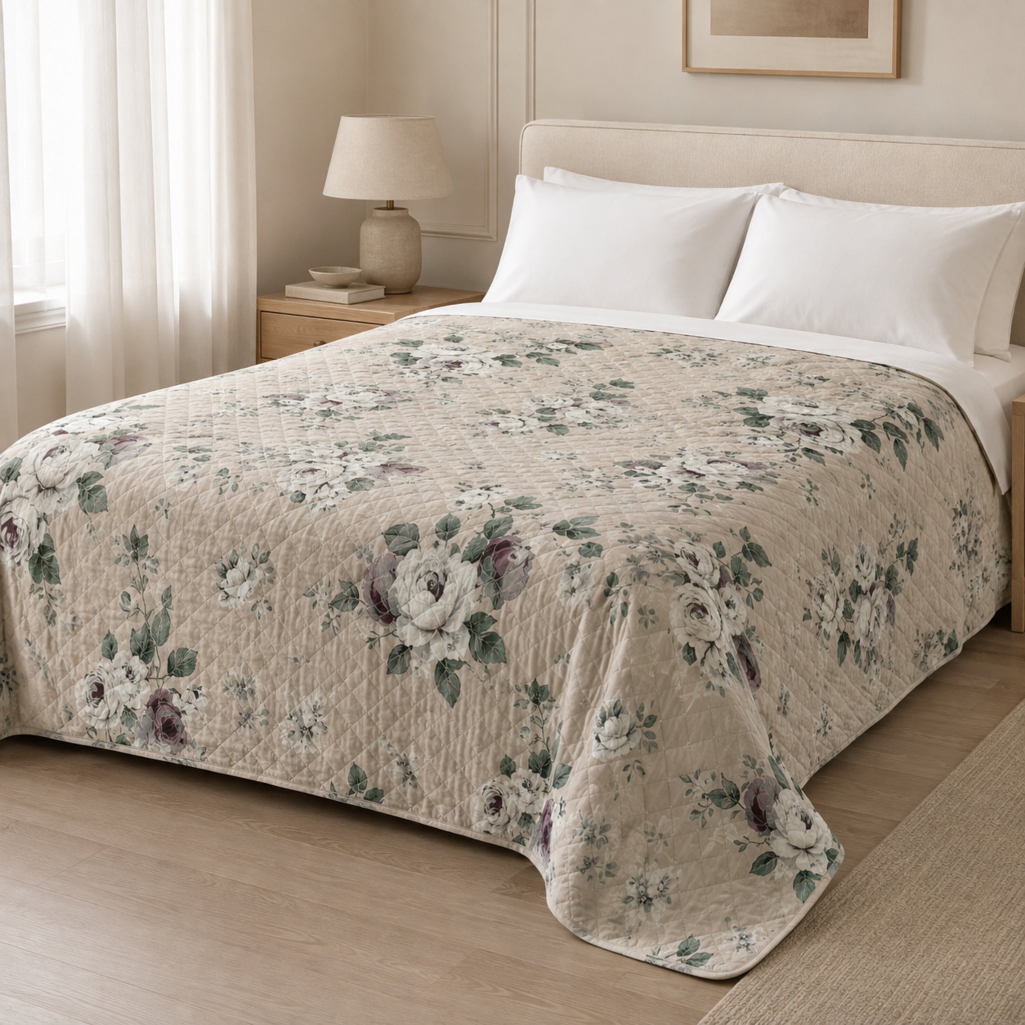 Copriletto trapuntato matrimoniale Fancy Home Callas 2 beige con fantasia floreale