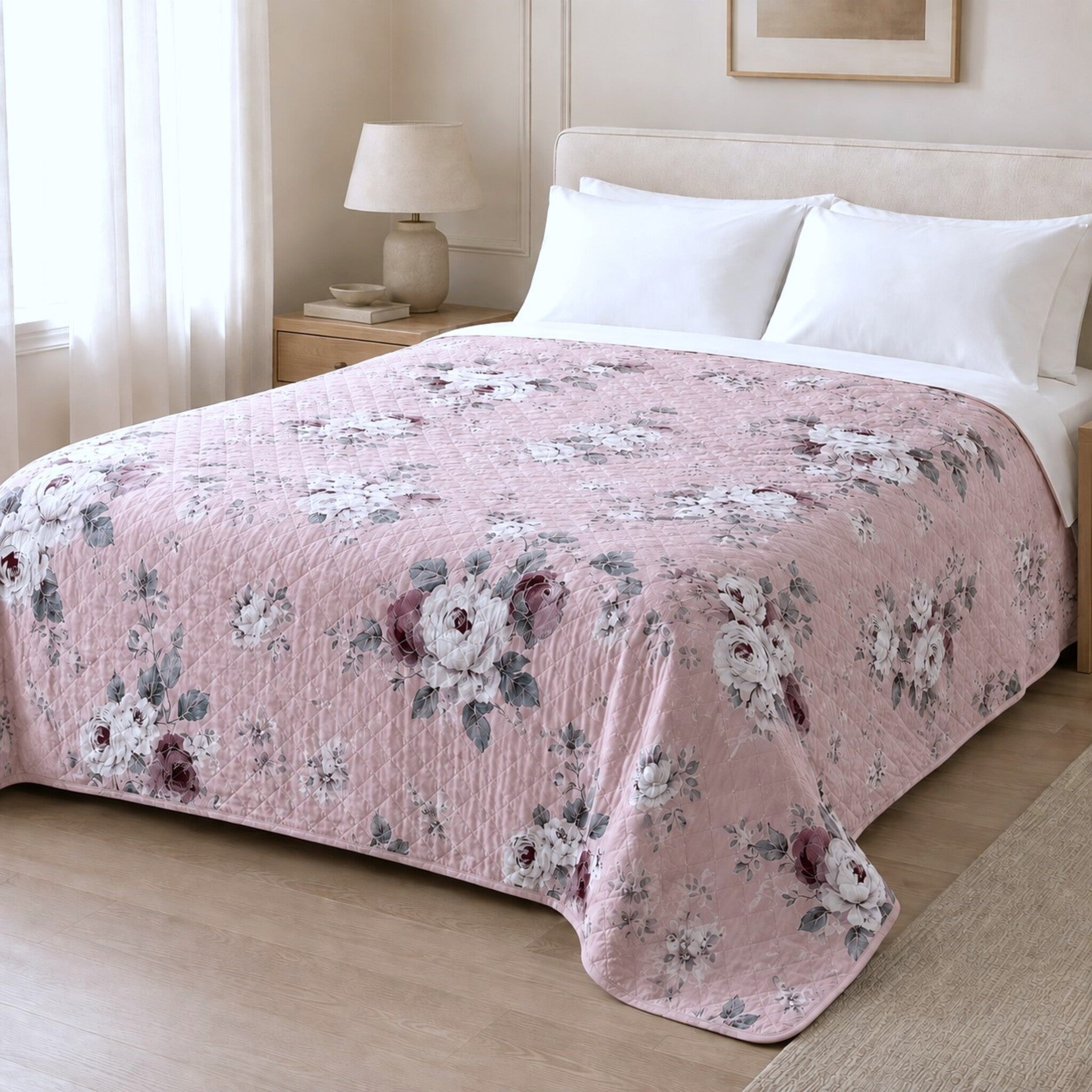 Copriletto trapuntato matrimoniale Fancy Home Callas 2 rosa con stampa floreale