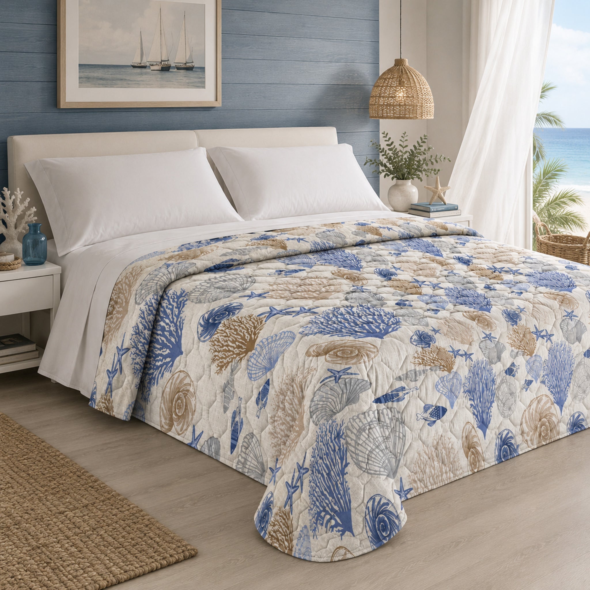 Copriletto trapuntato matrimoniale Zambaiti Marea 260x260 in cotone con fantasia marina blu e beige