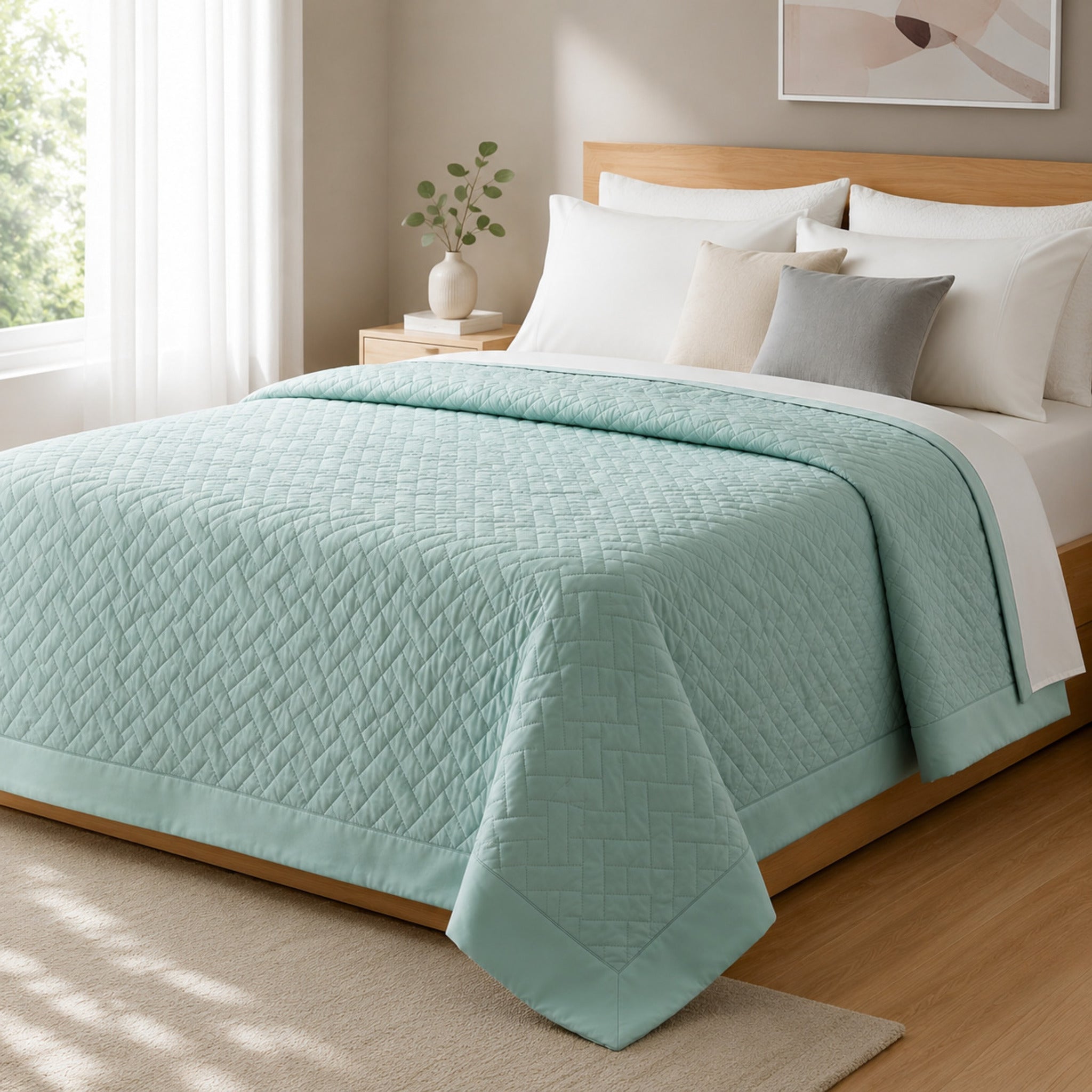 Copriletto trapuntato matrimoniale Rebecca Home Helen colore acqua in raso di puro cotone 300 TC Made in Italy