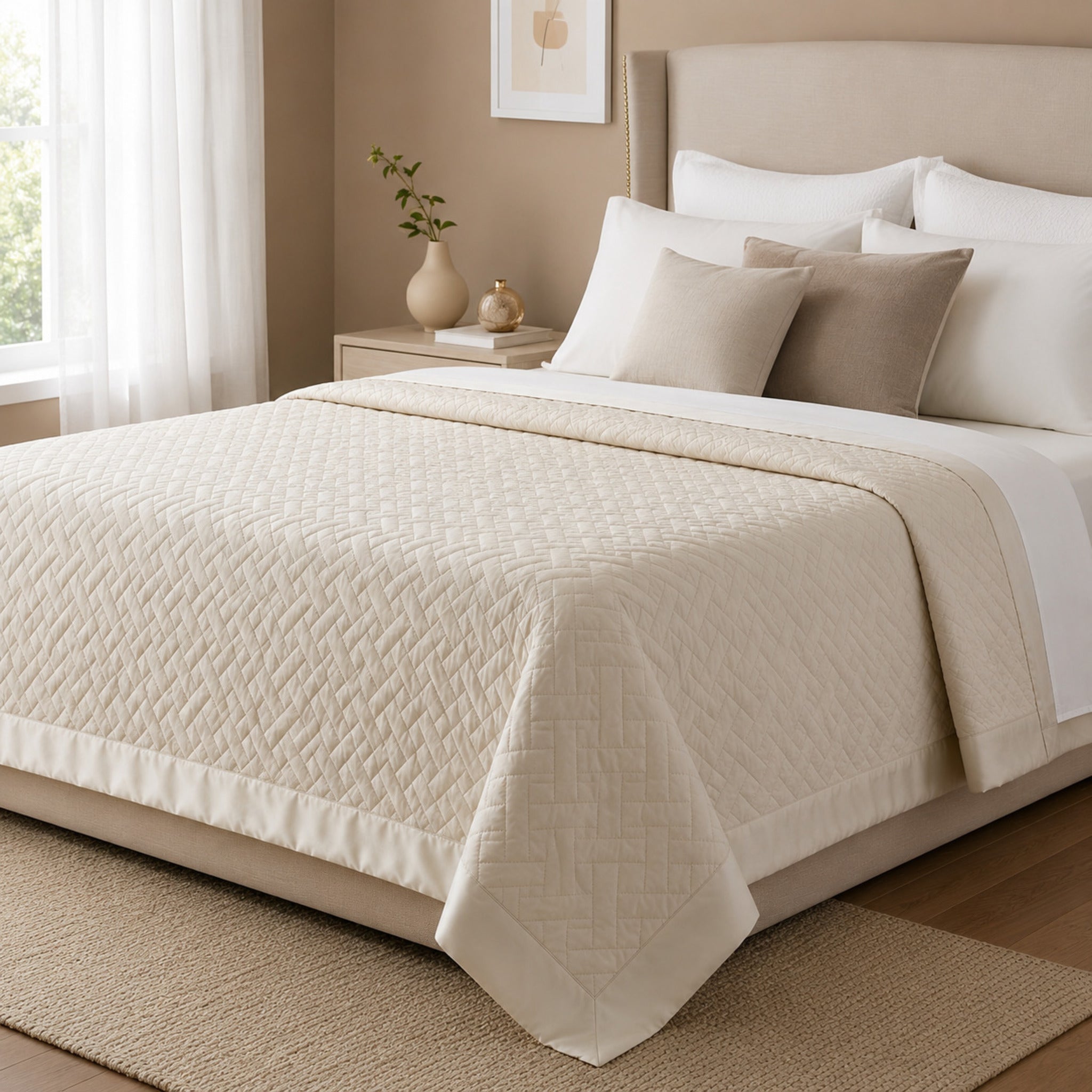 Copriletto matrimoniale trapuntato Rebecca Home Helen beige in raso di cotone 300 TC con trapuntatura geometrica