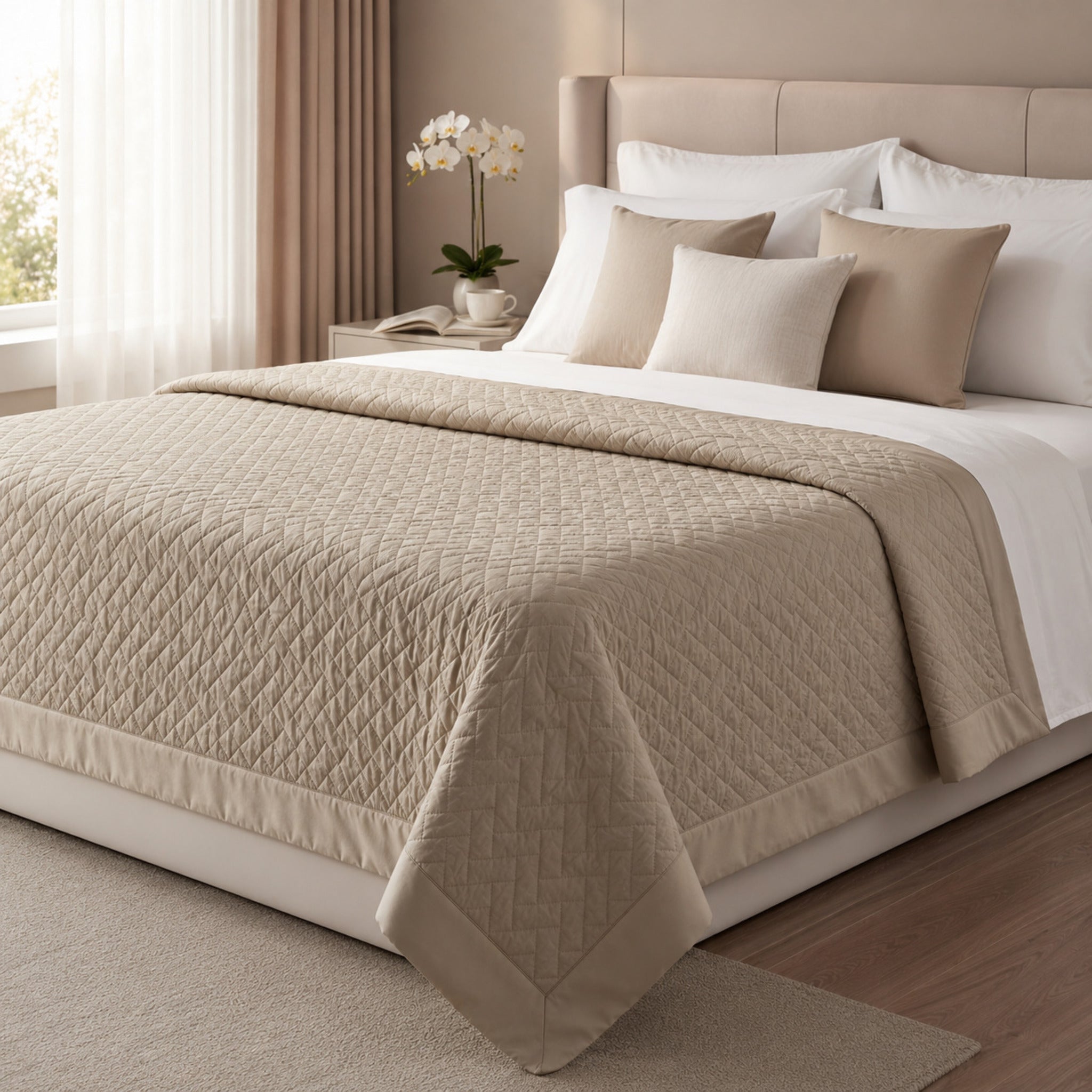 Copriletto matrimoniale Rebecca Home Helen color sabbia in raso di cotone trapuntato Made in Italy