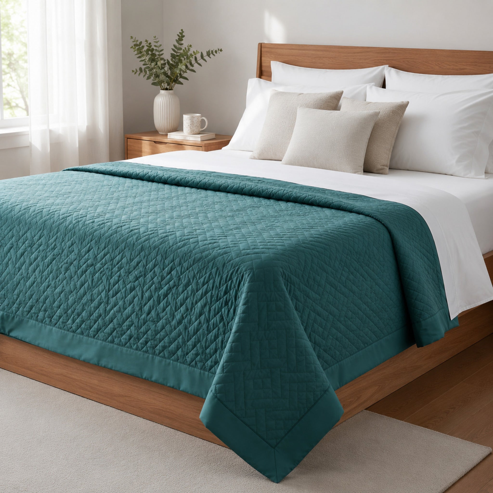 Copriletto matrimoniale Rebecca Home Helen color smeraldo in raso di cotone trapuntato Made in Italy