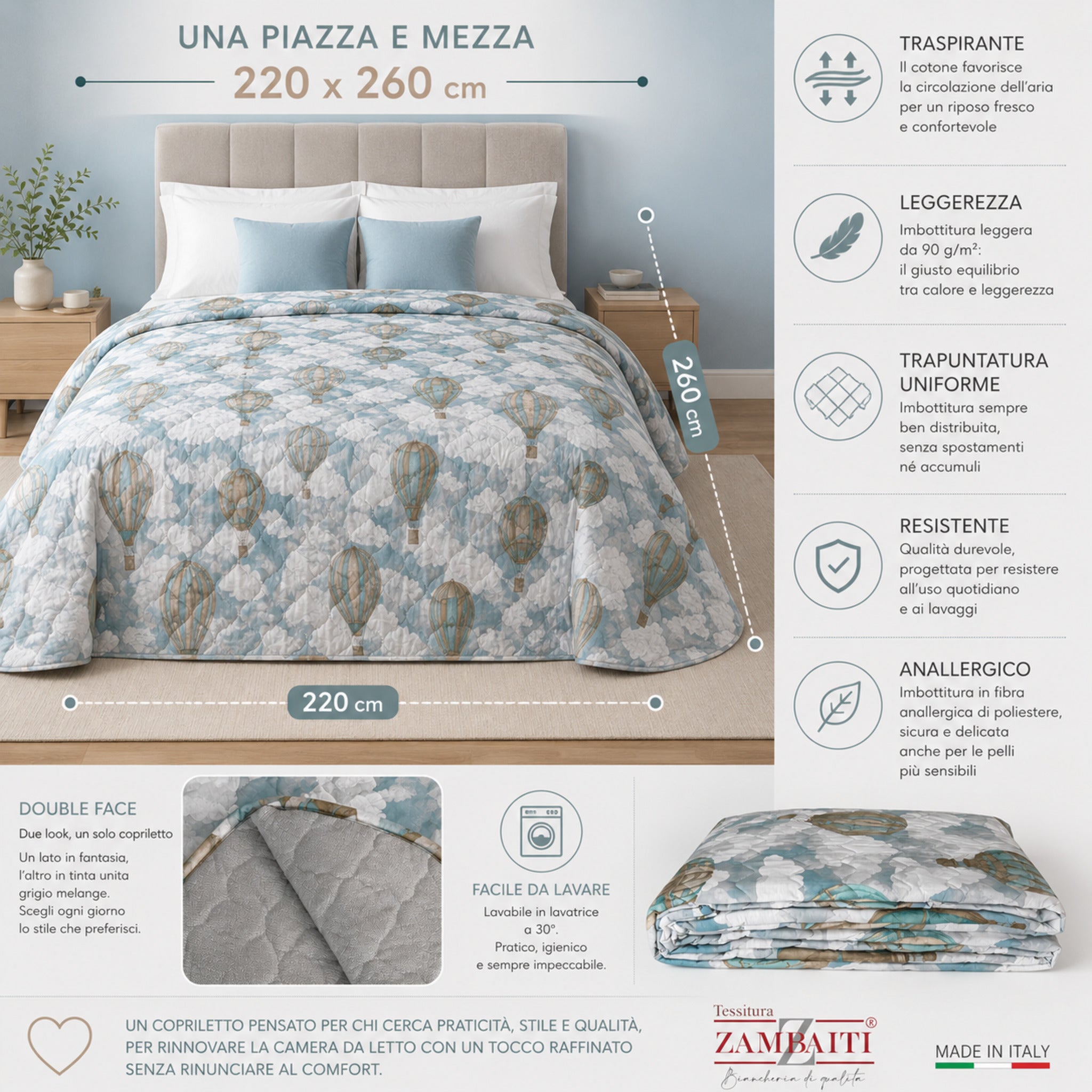 Misure copriletto una piazza e mezza Zambaiti Fluttu 220x260 centimetri double face