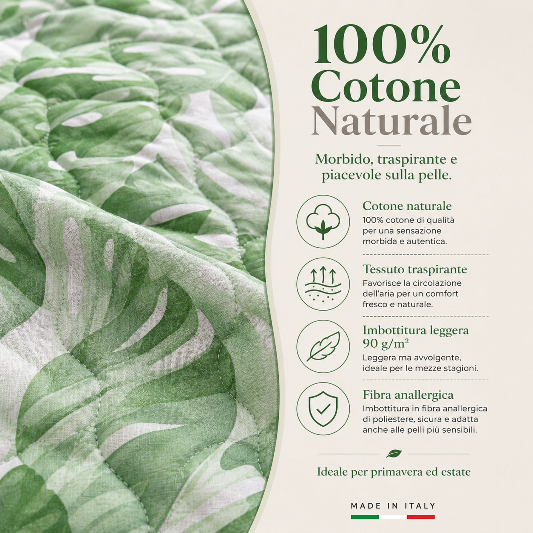 Dettaglio tessuto 100 per cento cotone del copriletto matrimoniale Zambaiti Fronde