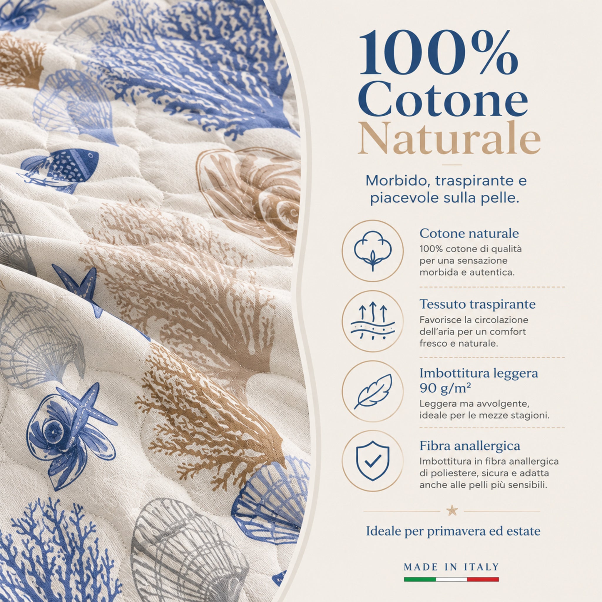 Dettaglio tessuto 100% cotone naturale del copriletto trapuntato matrimoniale Zambaiti Marea