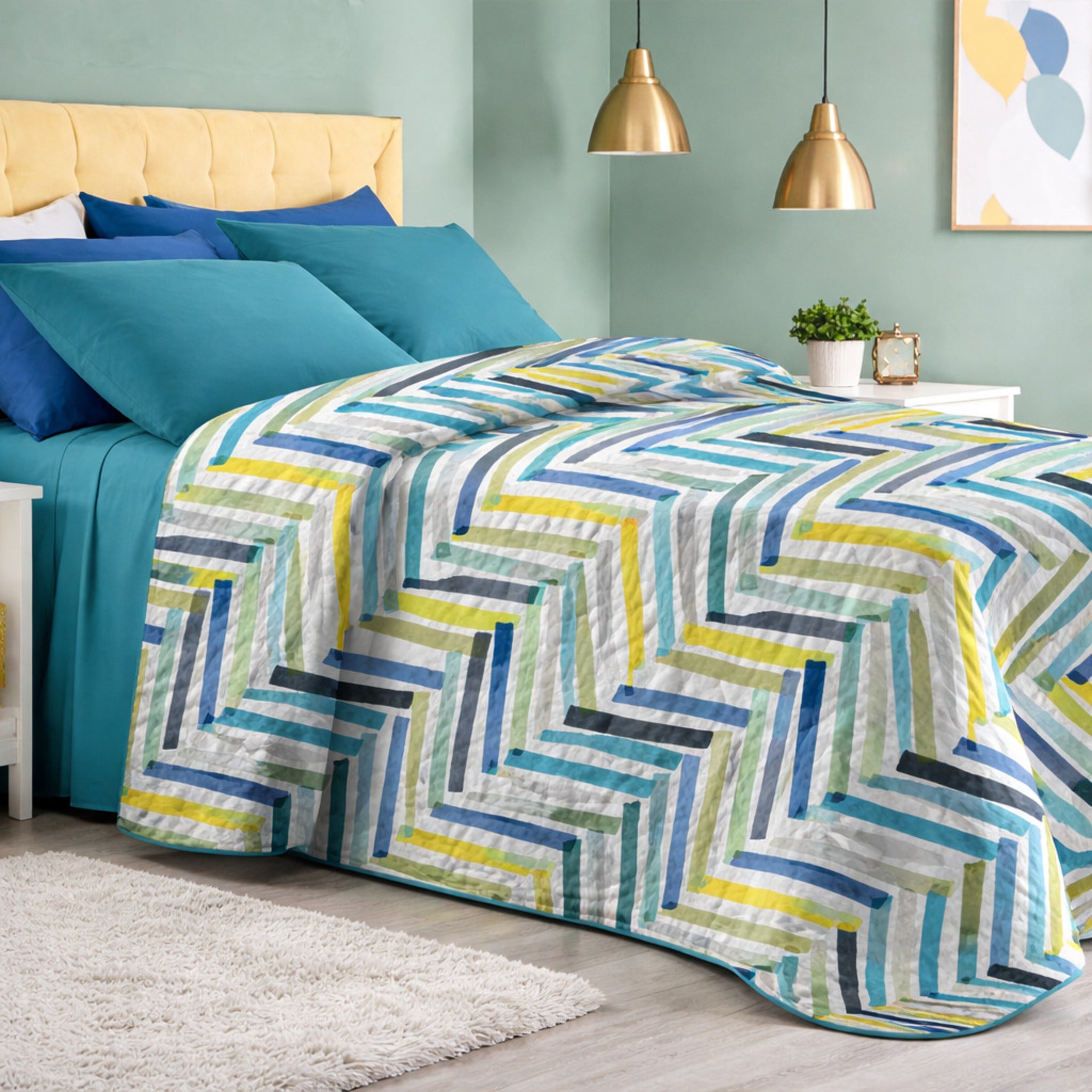 Copriletto Zambaiti Zigo geometrico blu ambientato