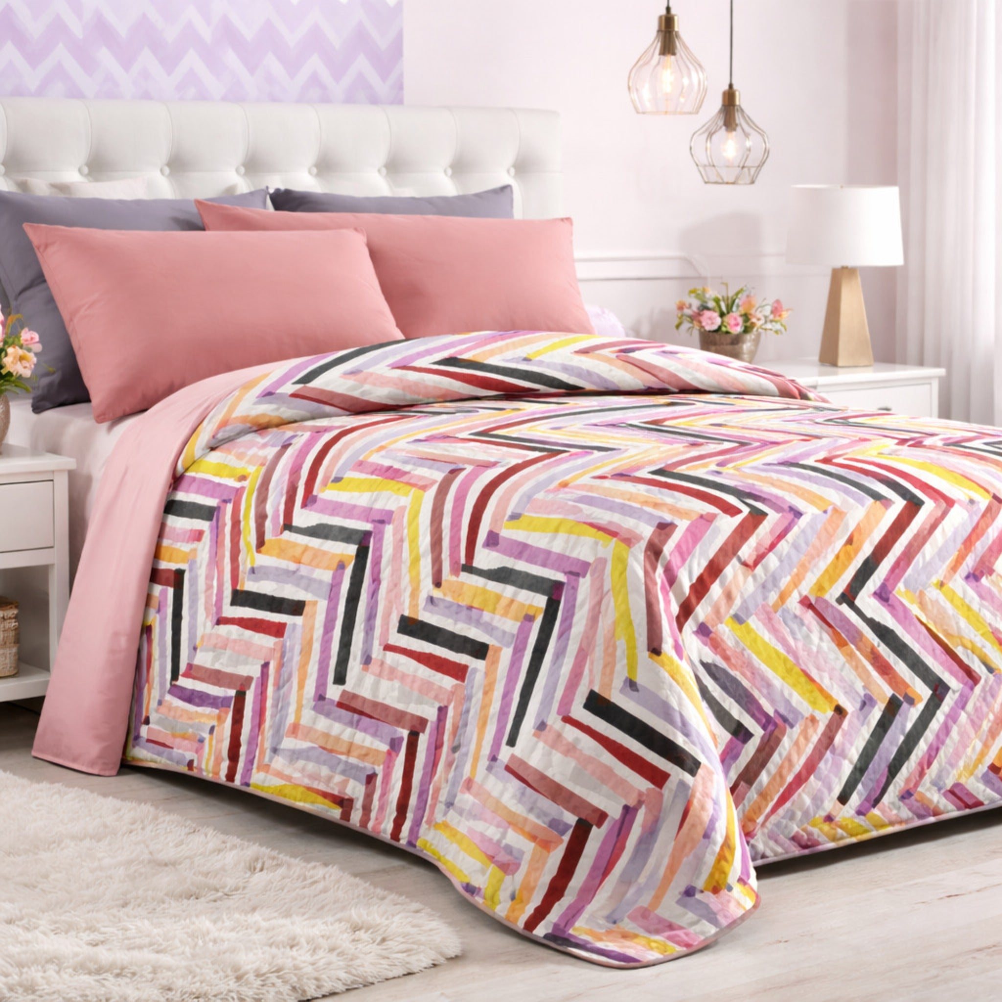 Copriletto Zambaiti Zigo geometrico rosa ambientato