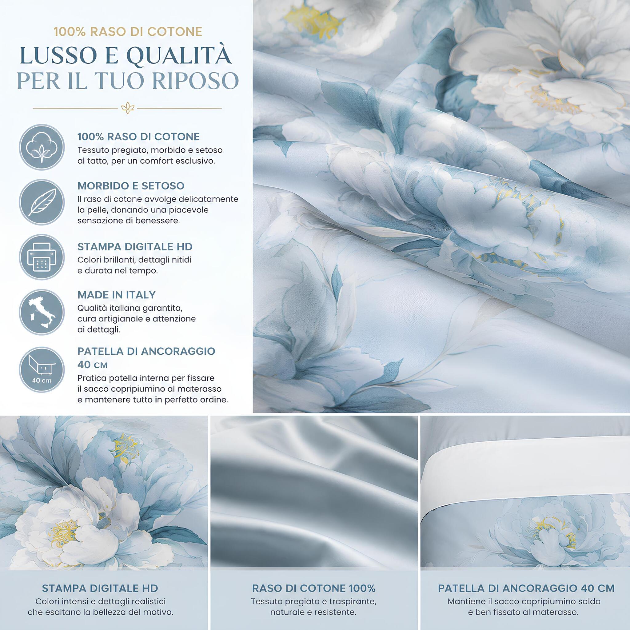 Dettaglio tessuto 100% raso di cotone Caleffi Eloise con stampa digitale floreale ad alta definizione
