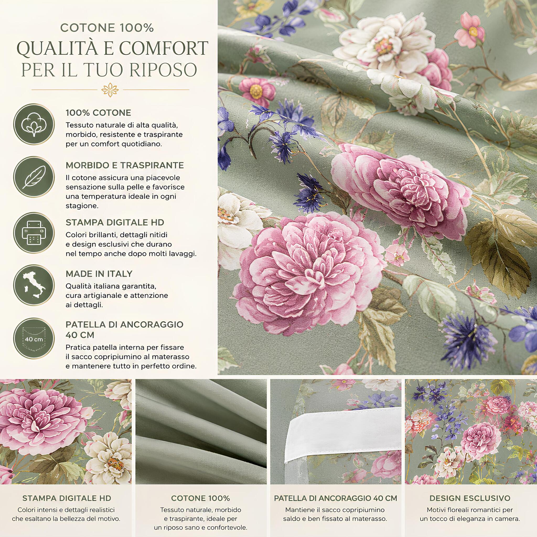 Dettaglio tessuto 100% cotone Caleffi Giardino Romantico con stampa digitale floreale ad alta definizione giada
