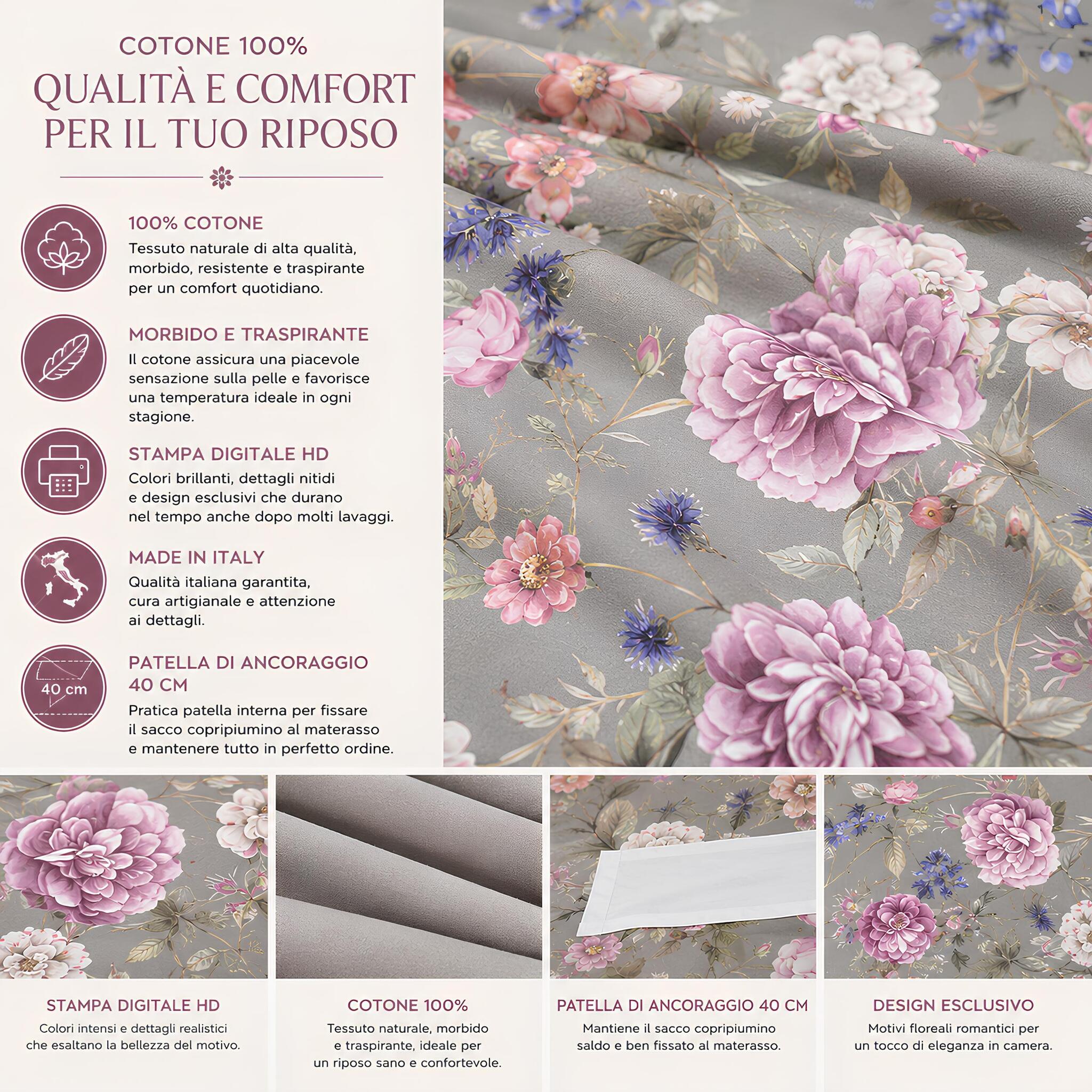 Dettaglio tessuto 100% cotone Caleffi Giardino Romantico con stampa digitale floreale ad alta definizione tortora