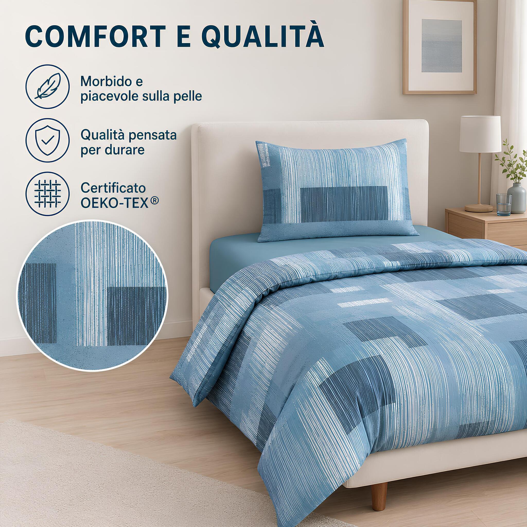 Dettaglio tessuto 100% puro cotone del completo copripiumino Caleffi Lisbona avio certificato OEKO-TEX