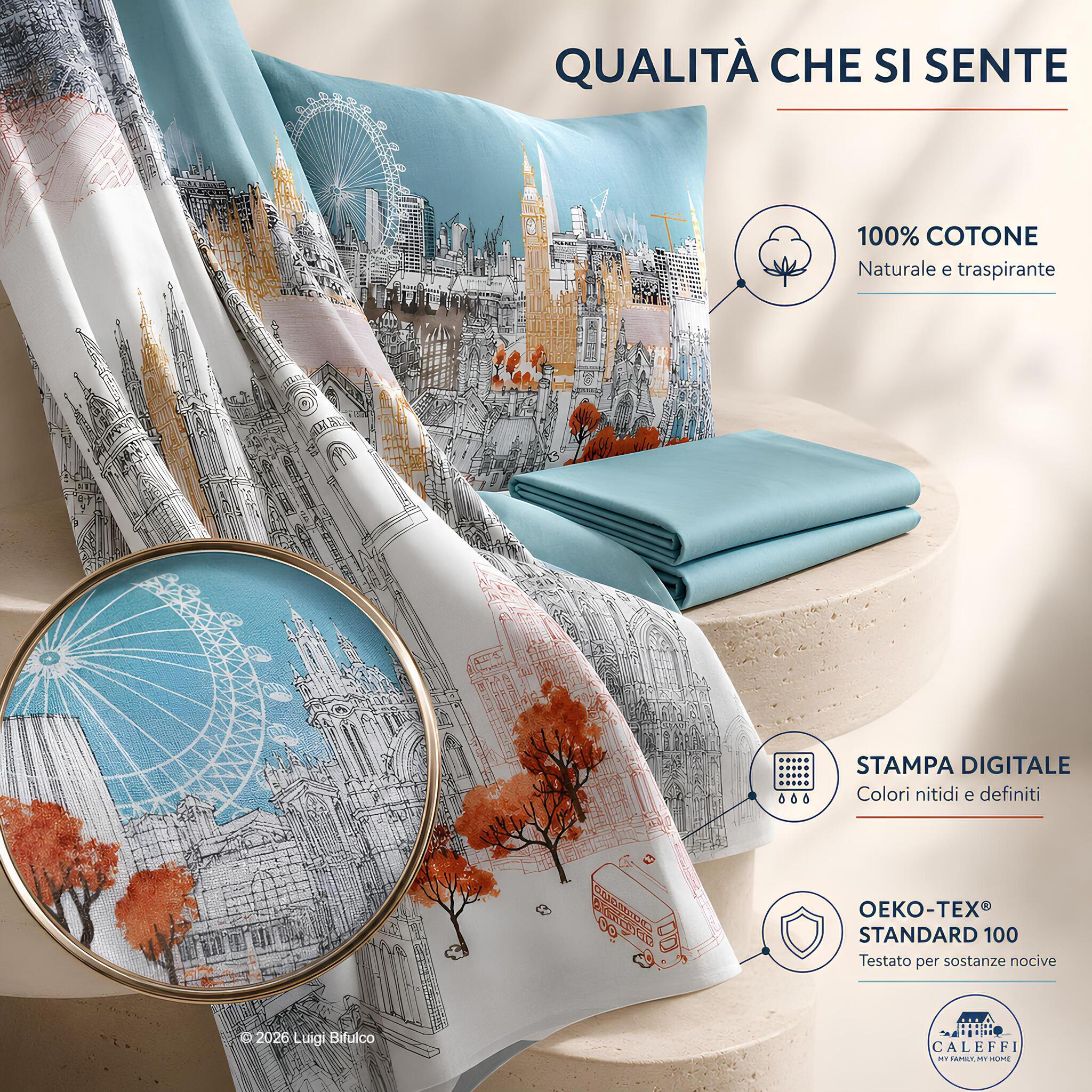 Copripiumino Caleffi London in 100% cotone con stampa digitale e certificazione OEKO-TEX
