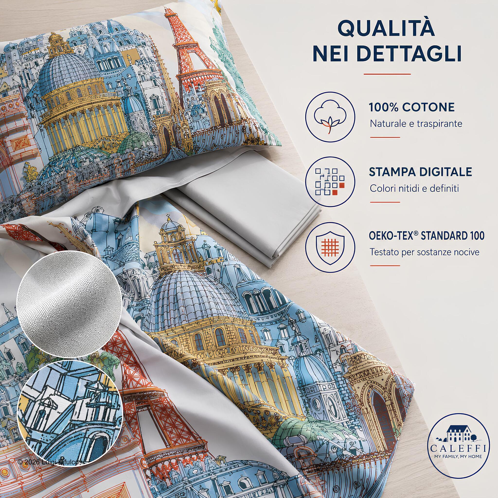 Copripiumino Caleffi Paris in 100% cotone con stampa digitale e certificazione OEKO-TEX