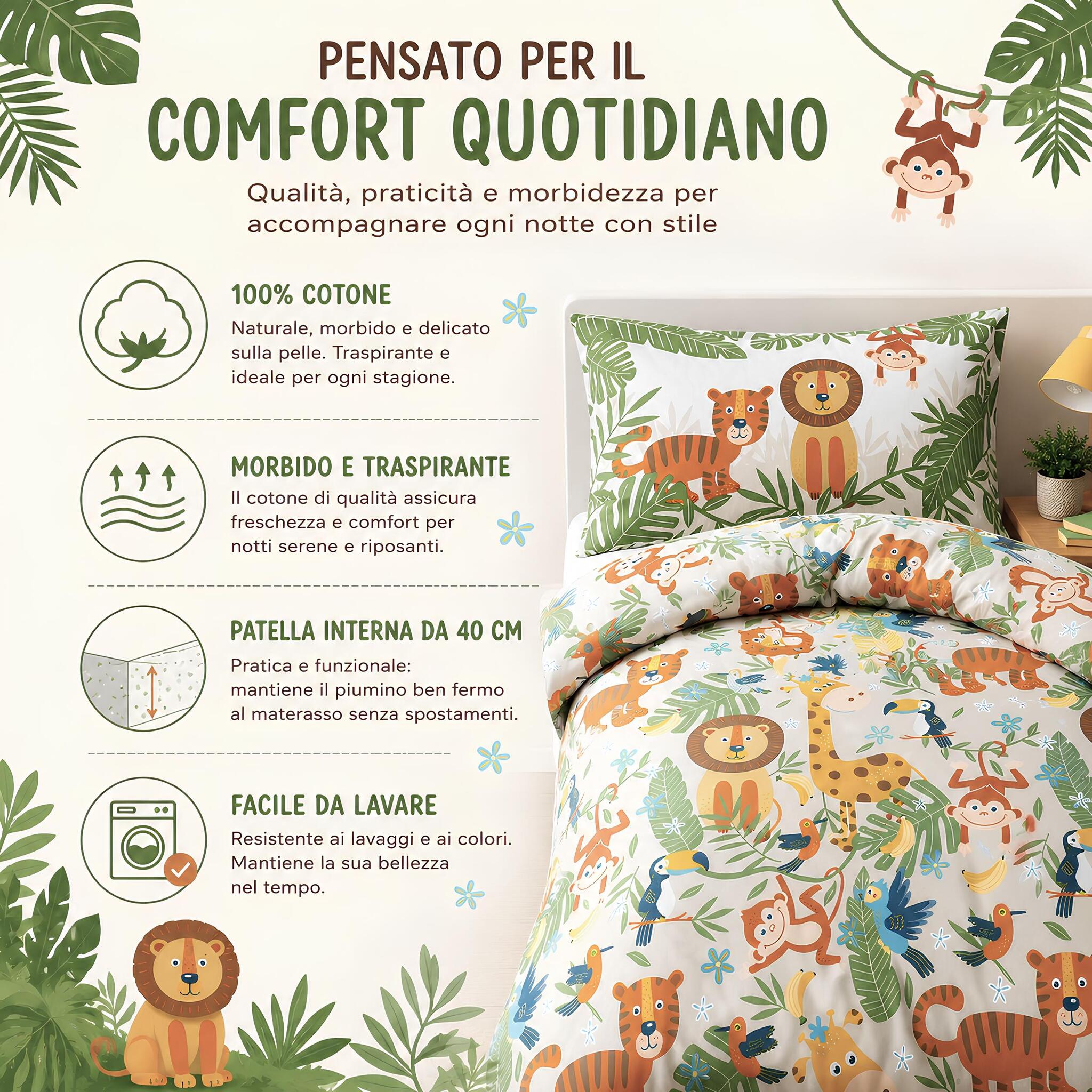 Infografica caratteristiche completo copripiumino Caleffi Tropical in cotone con patella interna da 40 cm