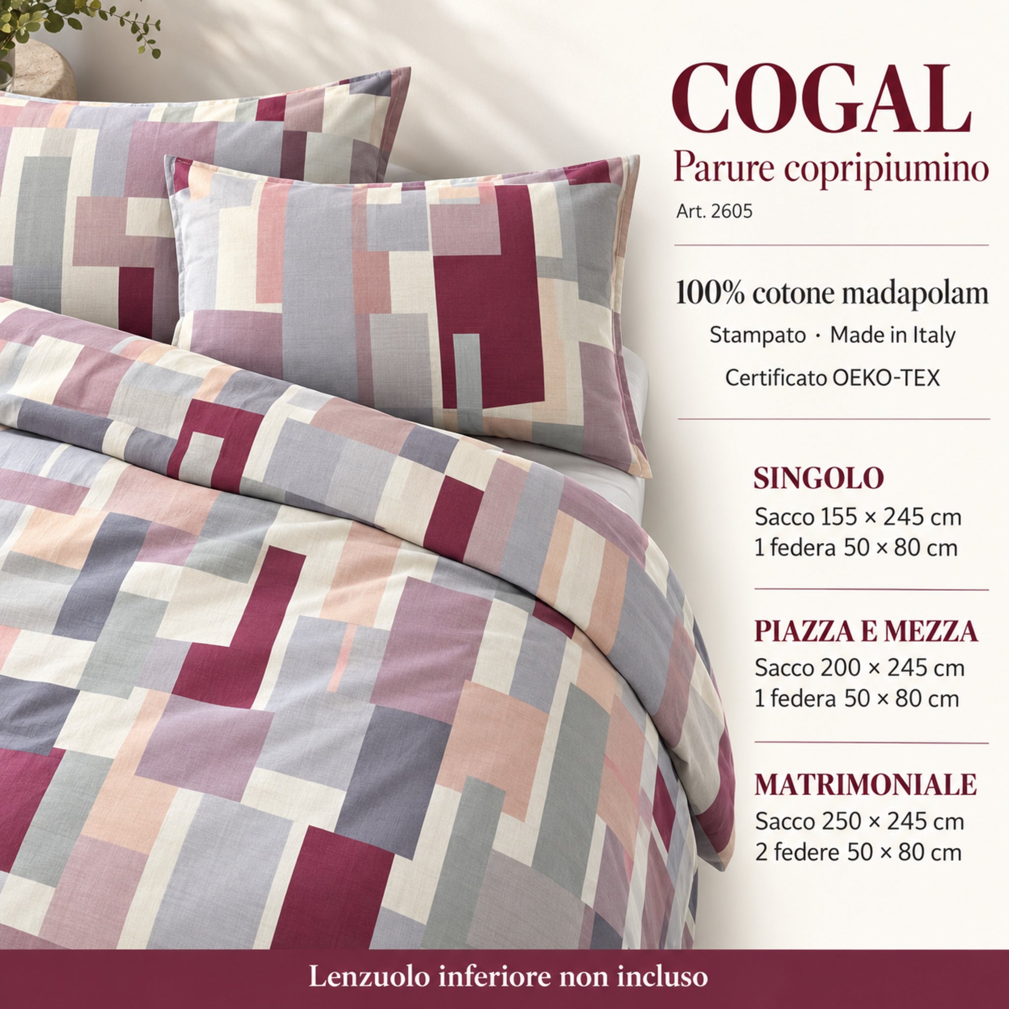 Infografica Cogal 2605 Malva con misure singolo, piazza e mezza e matrimoniale e indicazione del lenzuolo inferiore non incluso.