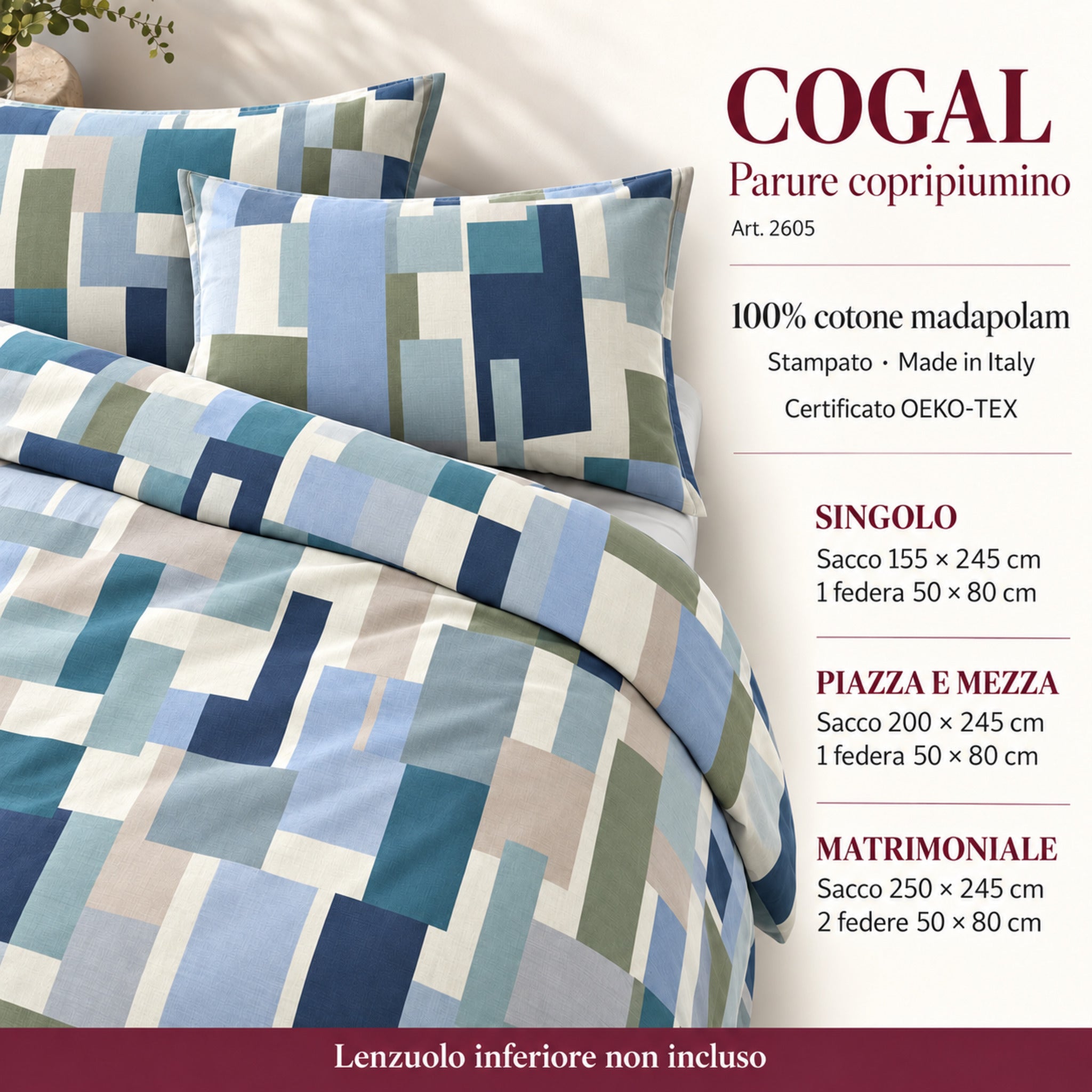 Infografica Cogal 2605 Metal Blue con misure del sacco, numero di federe per formato e lenzuolo inferiore non incluso.