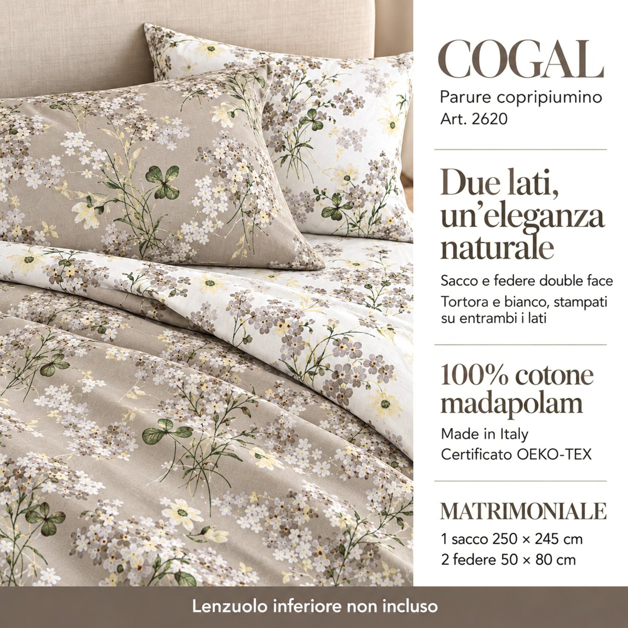 Infografica della parure Cogal 2620 con fondo scuro e bianco, sacco matrimoniale, due federe e lenzuolo inferiore non incluso.