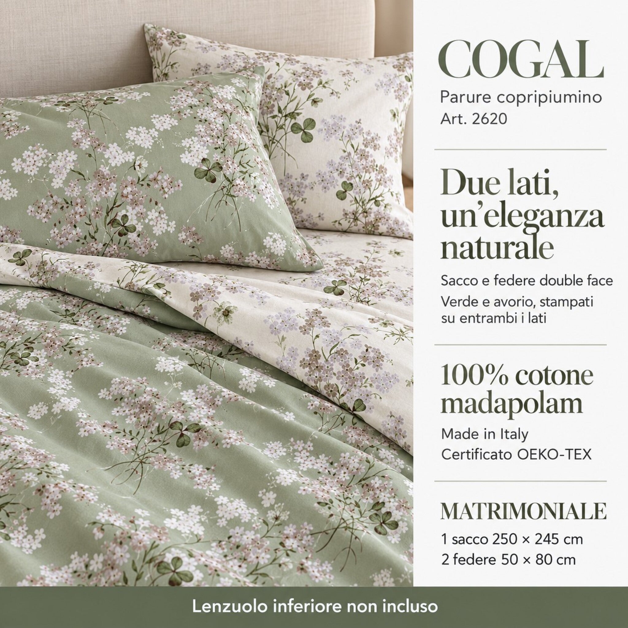 Infografica Cogal 2620 Verde/Avorio con lati floreali coordinati, misure del sacco e indicazione del lenzuolo inferiore non incluso.