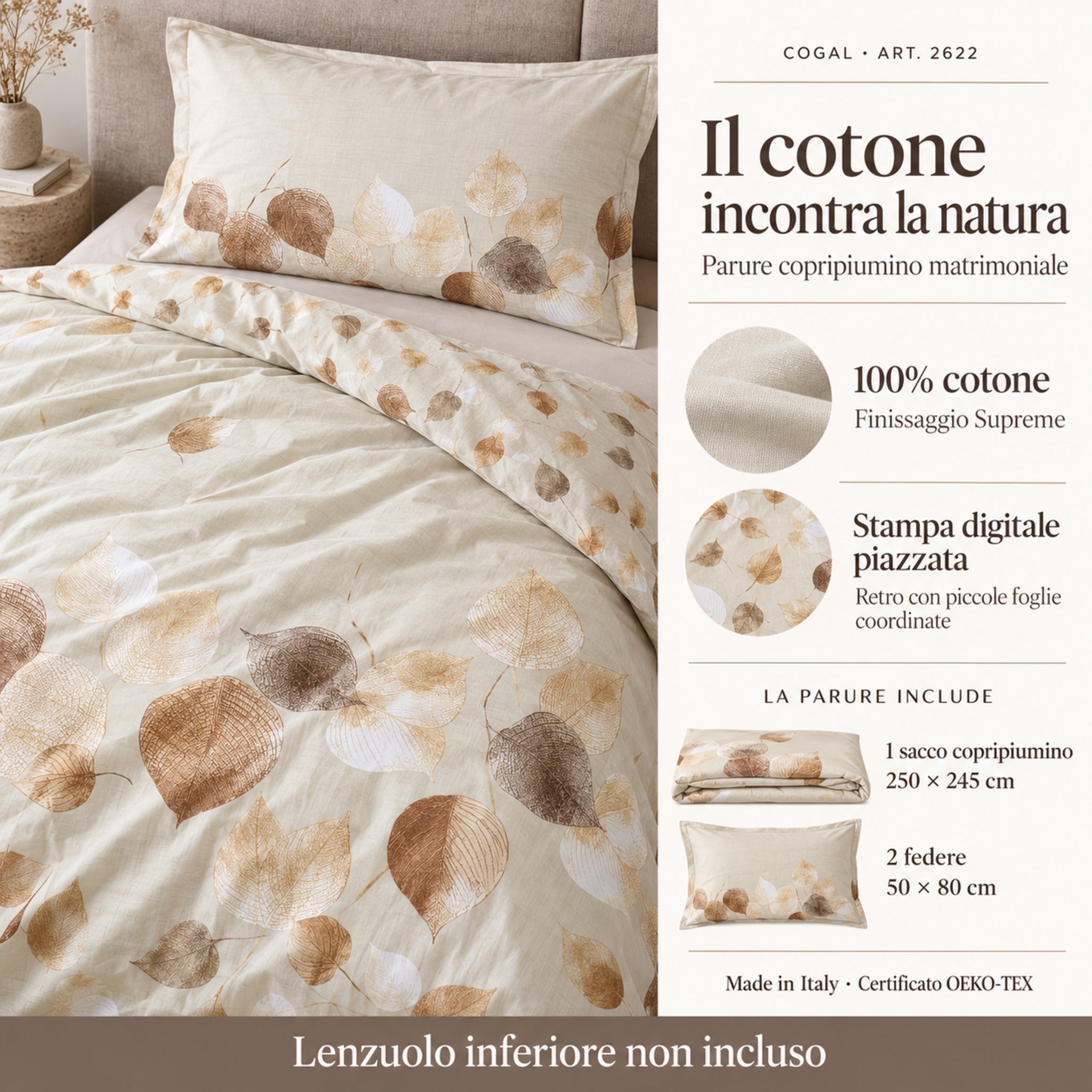 Infografica Cogal 2622 Cognac con dettaglio delle foglie, sacco 250x245 cm, due federe e lenzuolo inferiore non incluso.
