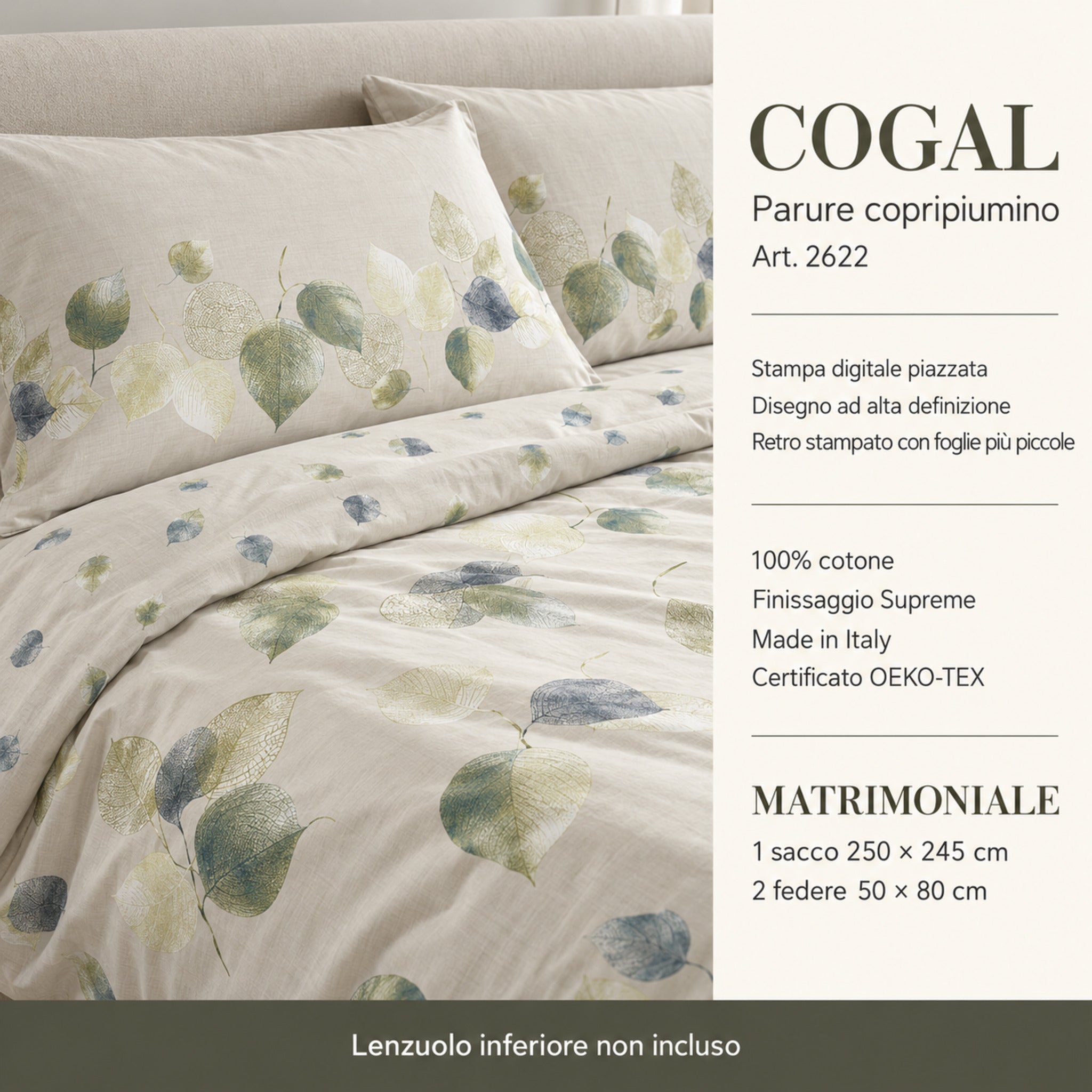 Infografica Cogal 2622 Metal Blue con fantasia botanica, retro a foglie più piccole e contenuto della parure matrimoniale.