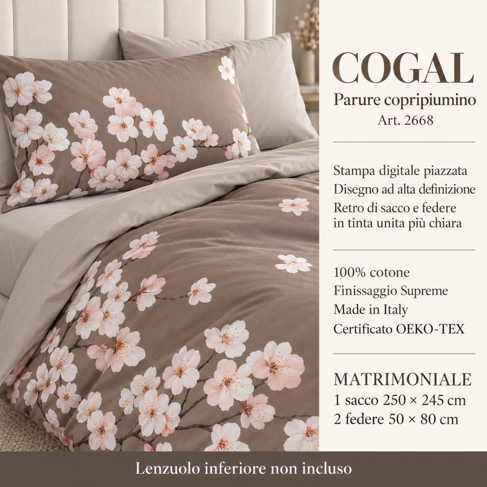 Infografica Cogal 2668 Tortora con dettaglio floreale, sacco 250x245 cm, due federe 50x80 cm e lenzuolo inferiore non incluso.