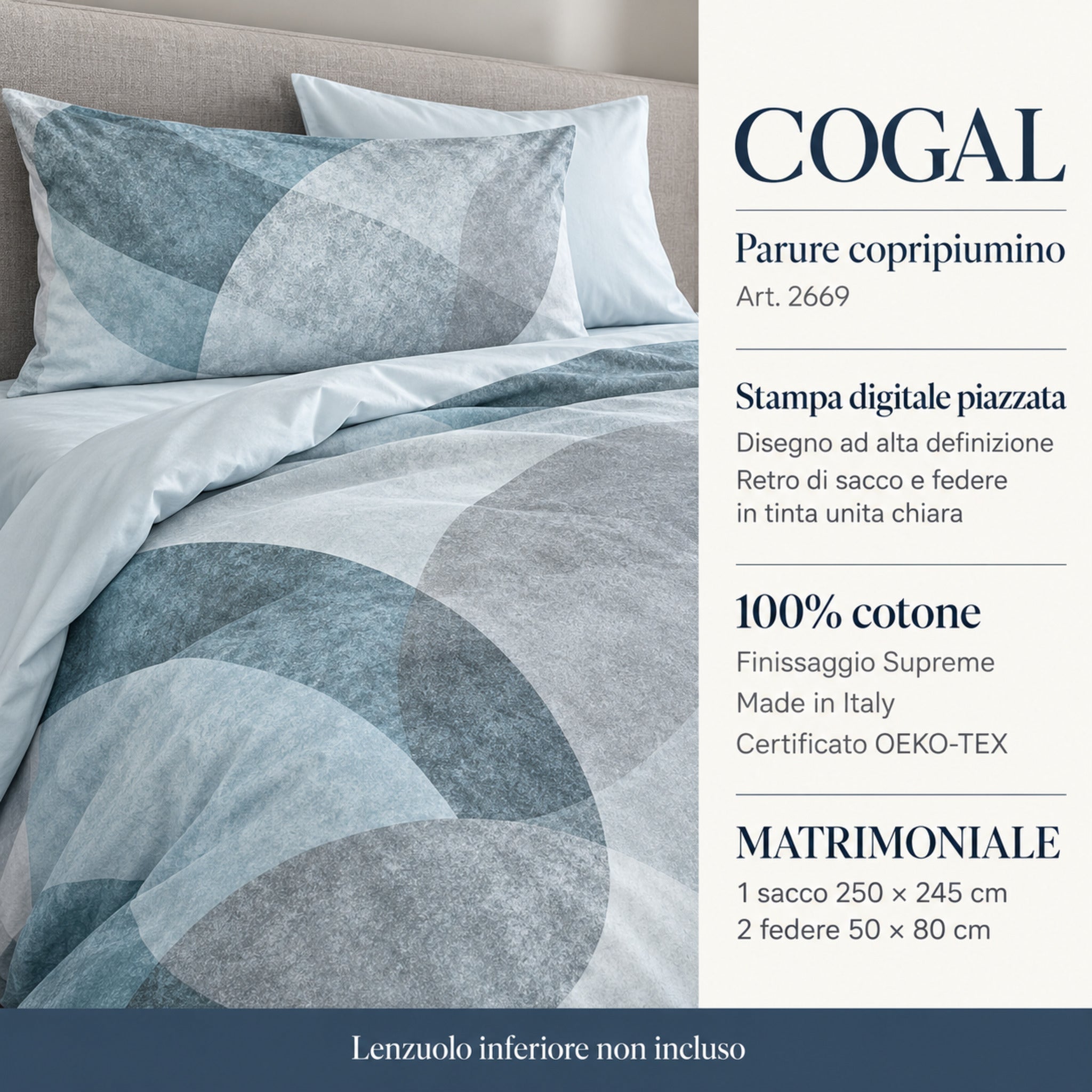 Infografica Cogal 2669 Metal Blue con fantasia a cerchi, sacco 250x245 cm, due federe 50x80 cm e lenzuolo inferiore non incluso.
