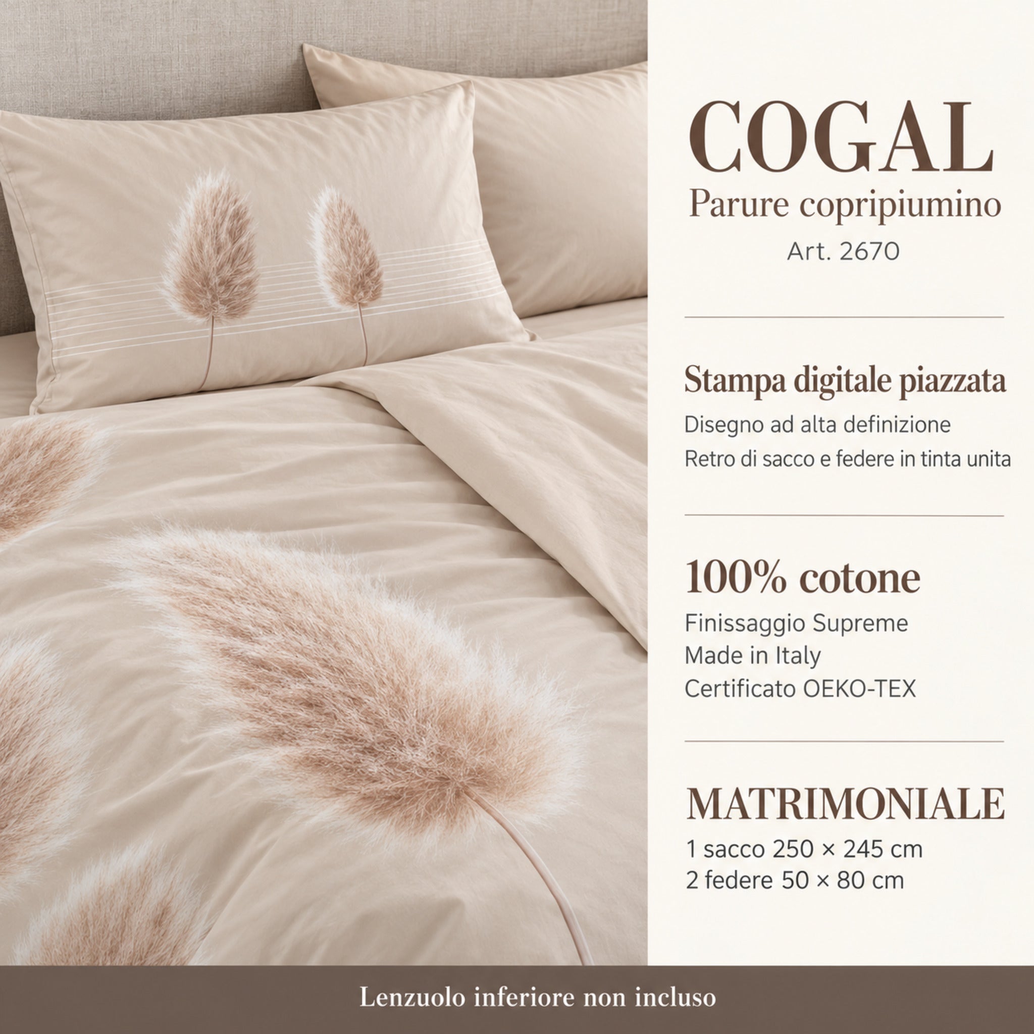Infografica Cogal 2670 Albicocca con dettaglio pampas, sacco 250x245 cm, due federe 50x80 cm e lenzuolo inferiore non incluso.