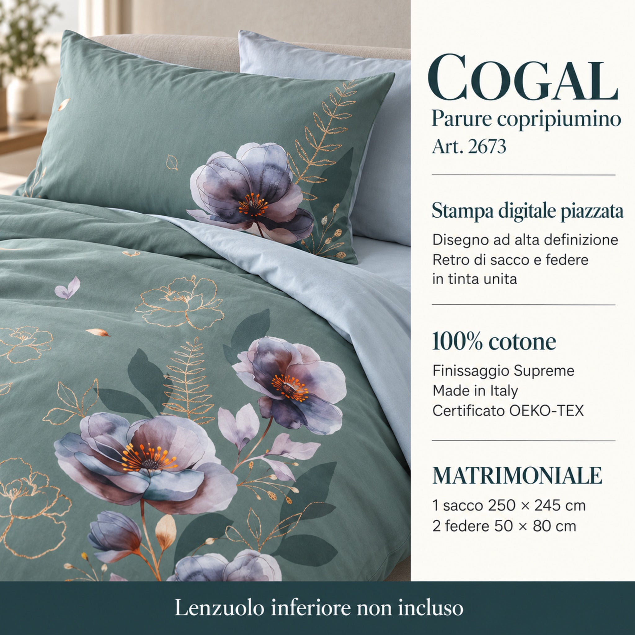 Infografica Cogal 2673 Verde con dettaglio floreale, sacco 250x245 cm, due federe 50x80 cm e lenzuolo inferiore non incluso.