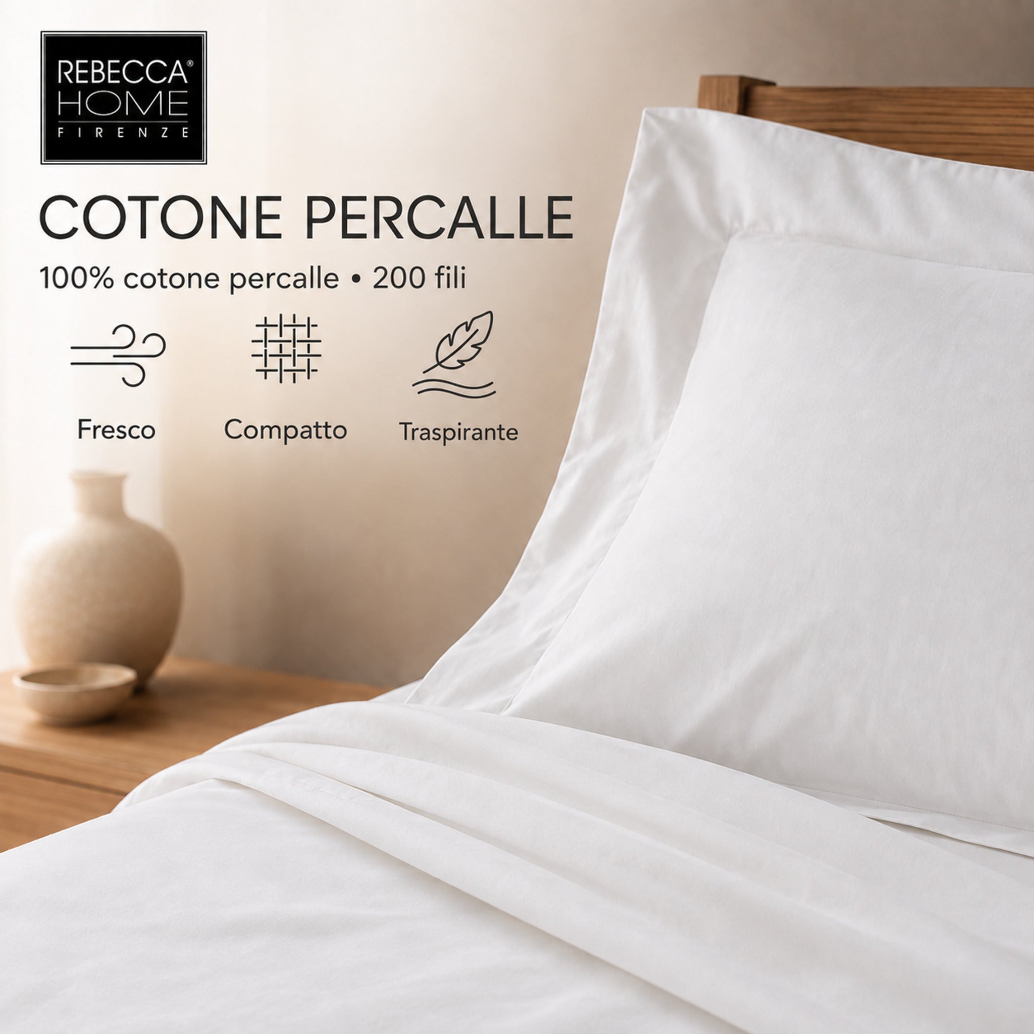 Completo Rebecca Home Concept bianco in cotone percalle 200 fili fresco e traspirante