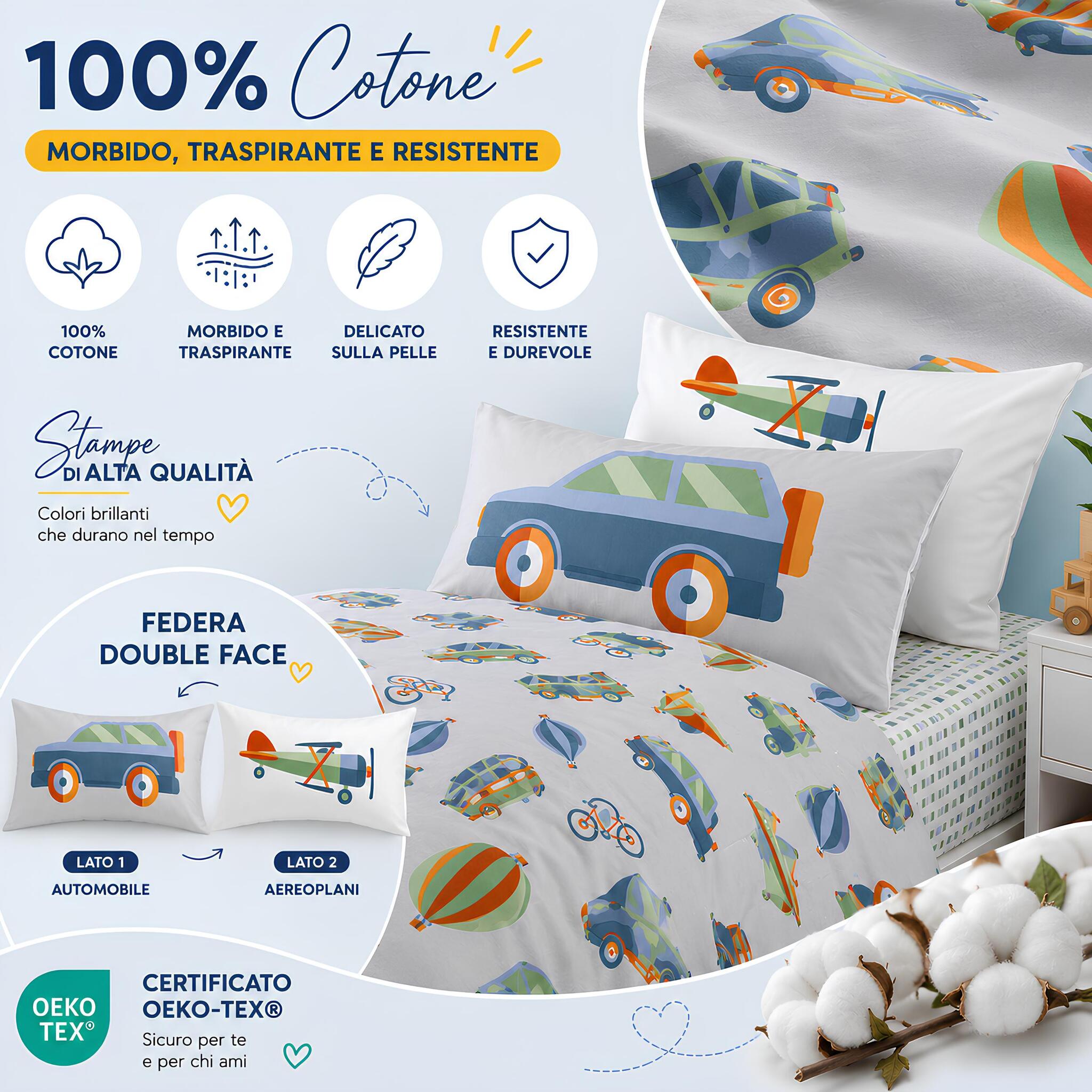 Infografica completo copripiumino Caleffi Toys grigio in 100% cotone certificato Oeko-Tex