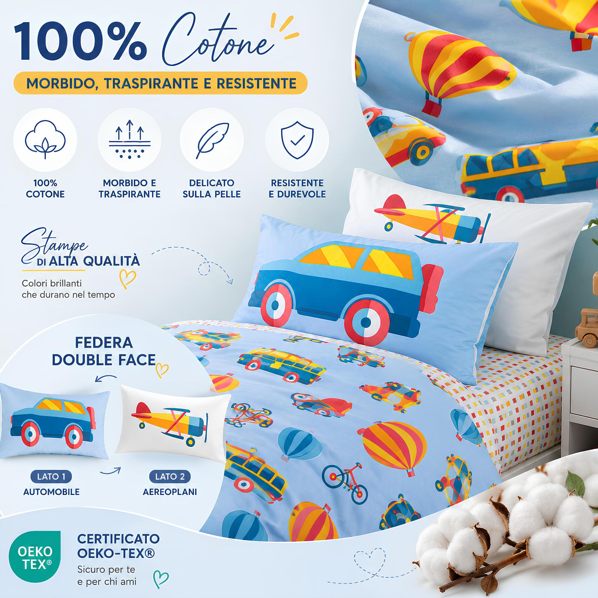 Infografica completo copripiumino Caleffi Toys in 100% cotone certificato Oeko-Tex
