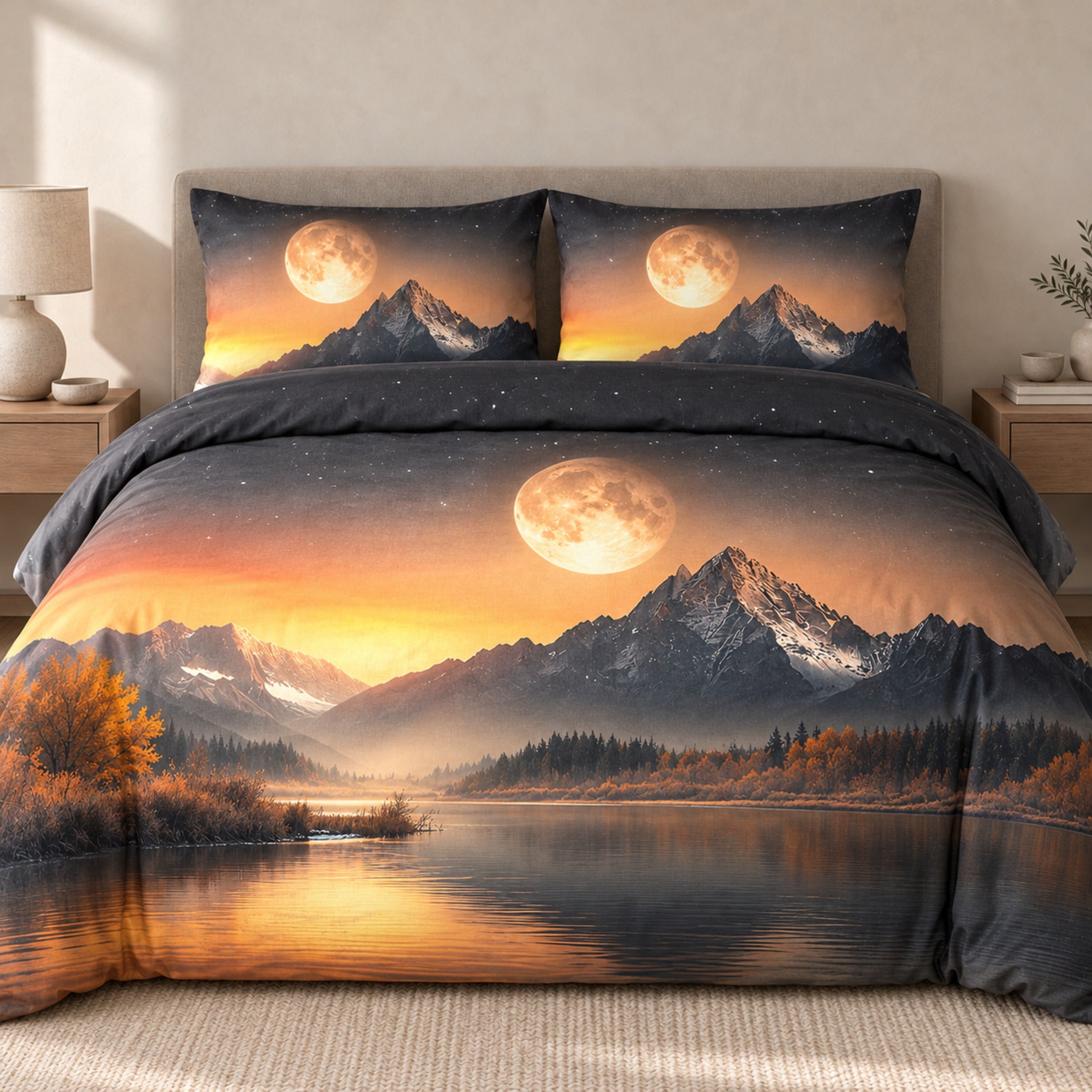 Parure copripiumino Zambaiti Digital 5397 sul letto, con luna dorata, montagne innevate e riflessi arancio sul lago