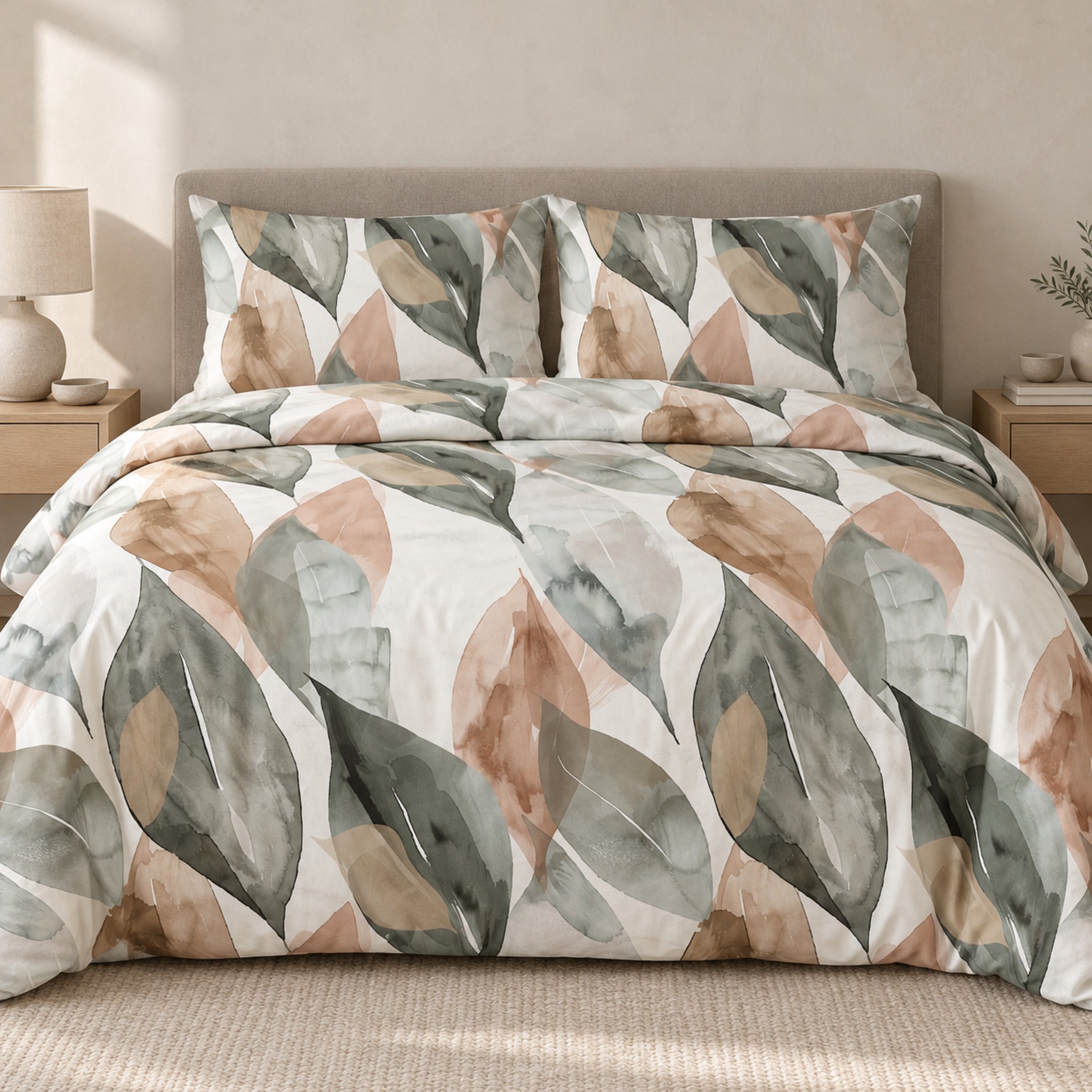 Parure copripiumino Zambaiti Digital 5405 sul letto, con grandi foglie verdi, grigie e terracotta su fondo chiaro