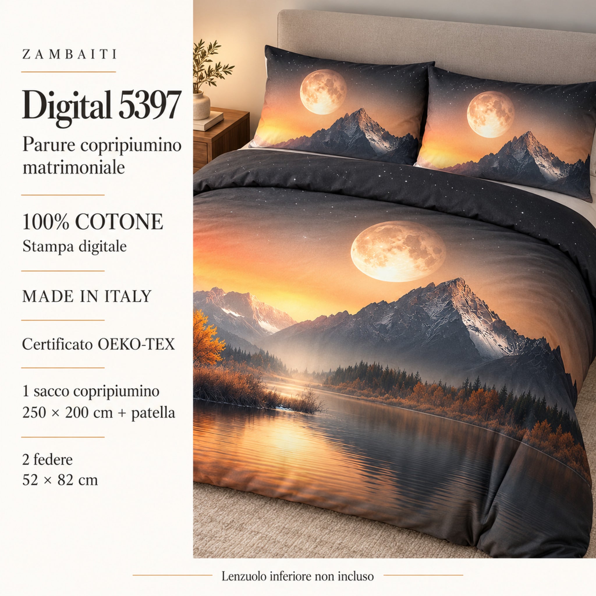 Infografica Zambaiti Digital 5397 con sacco 250x200 cm più patella, due federe 52x82 cm e lenzuolo inferiore non incluso