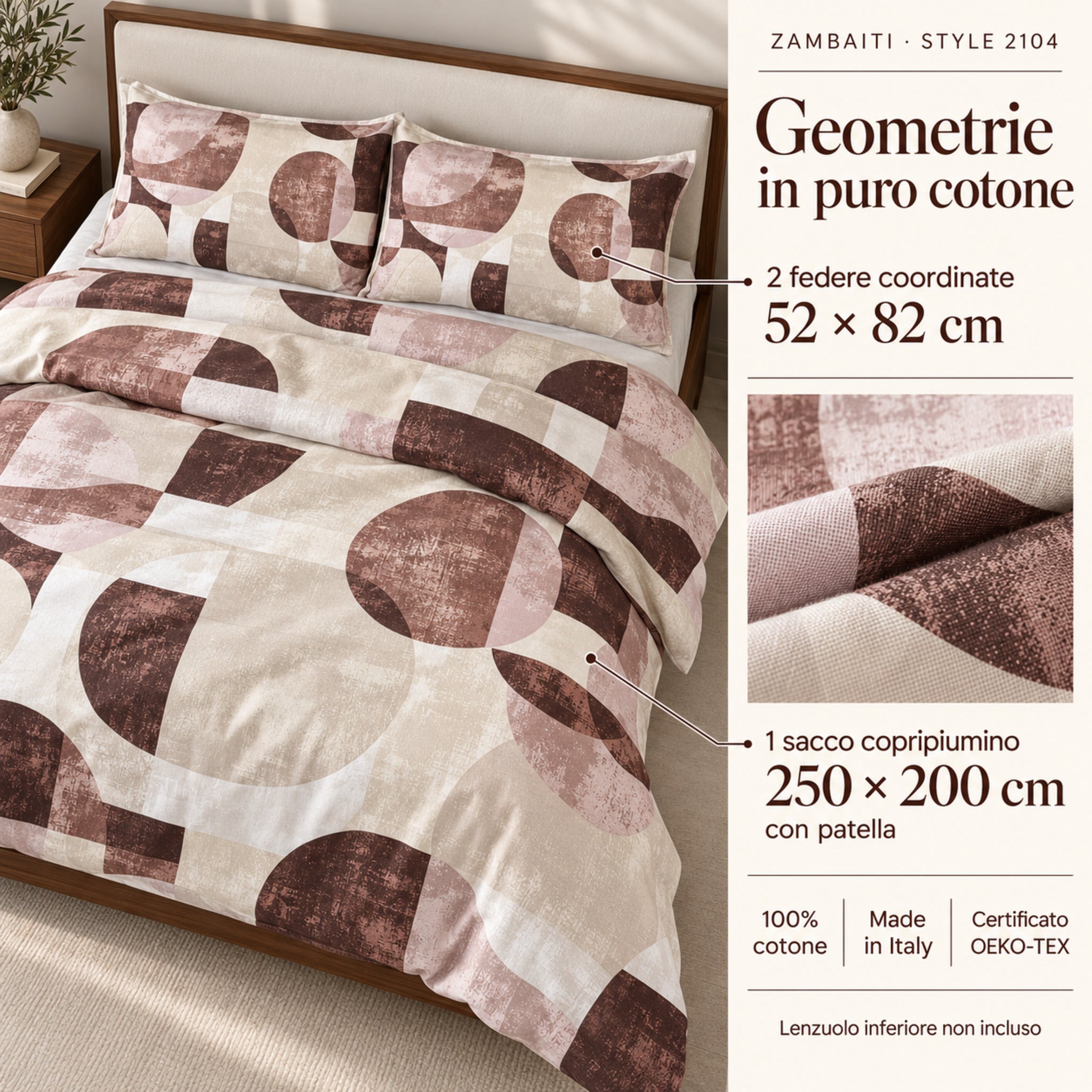 Infografica Zambaiti Style 2104 Bruciato con sacco 250x200 cm più patella e due federe 52x82 cm