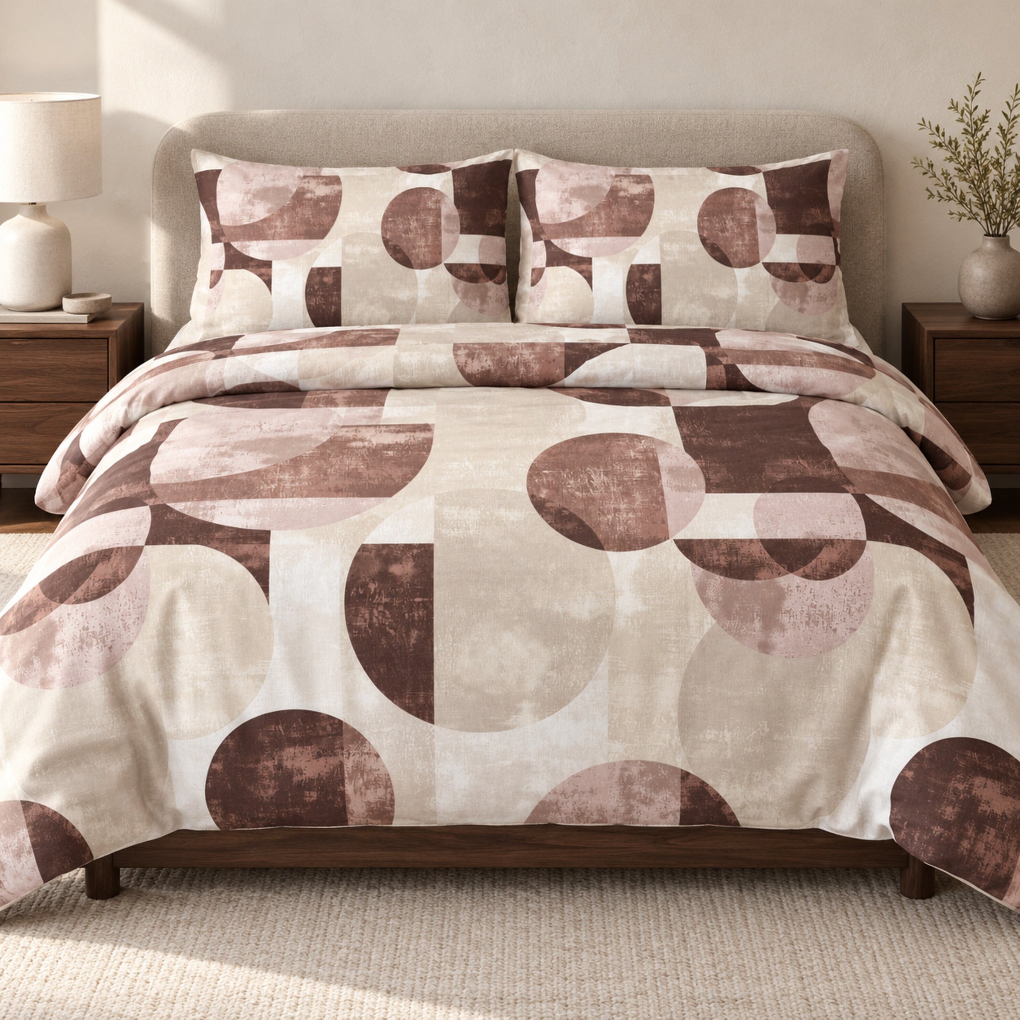 Parure copripiumino Zambaiti Style 2104 Bruciato sul letto, con geometrie marroni, rosa cipria e crema