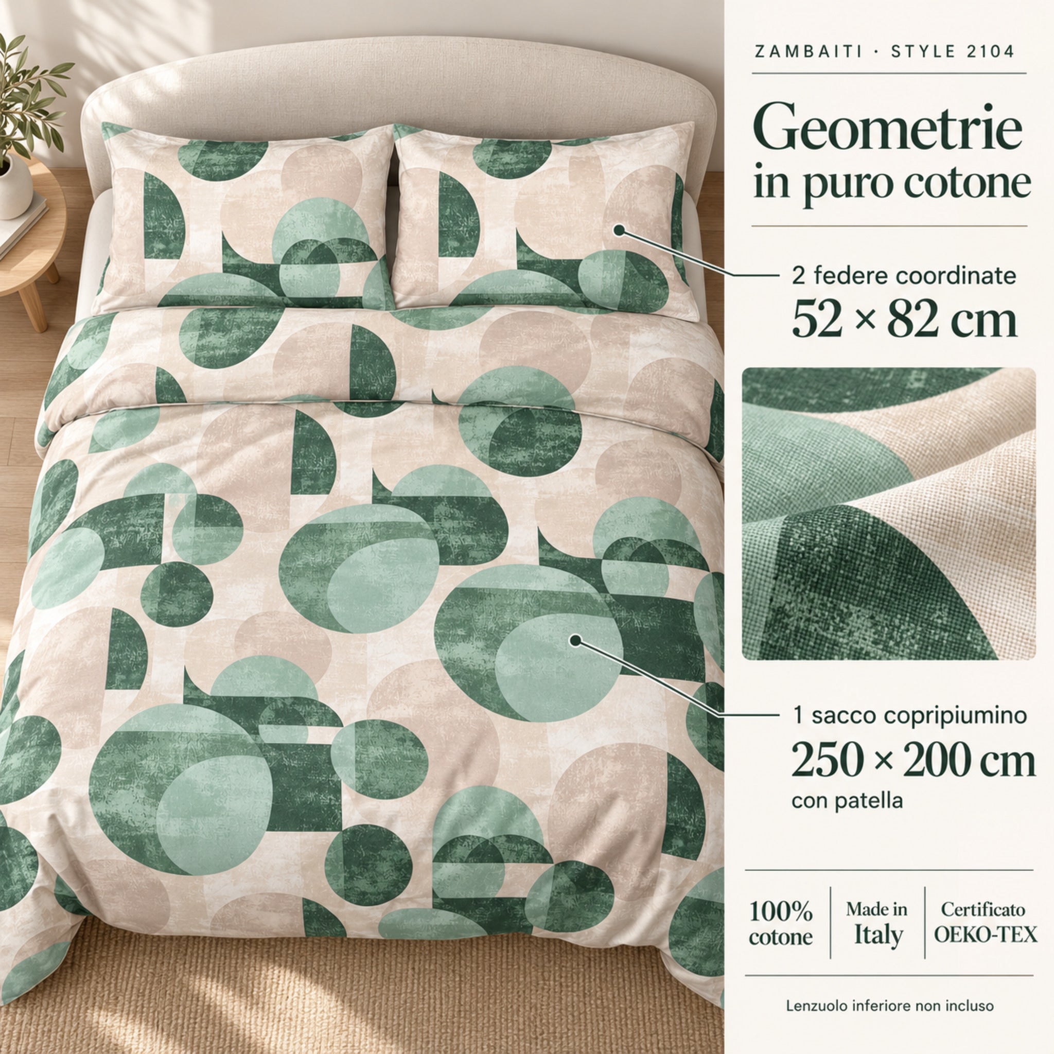 Infografica Zambaiti Style 2104 Verde con dettaglio del cotone, misure della parure e lenzuolo inferiore non incluso