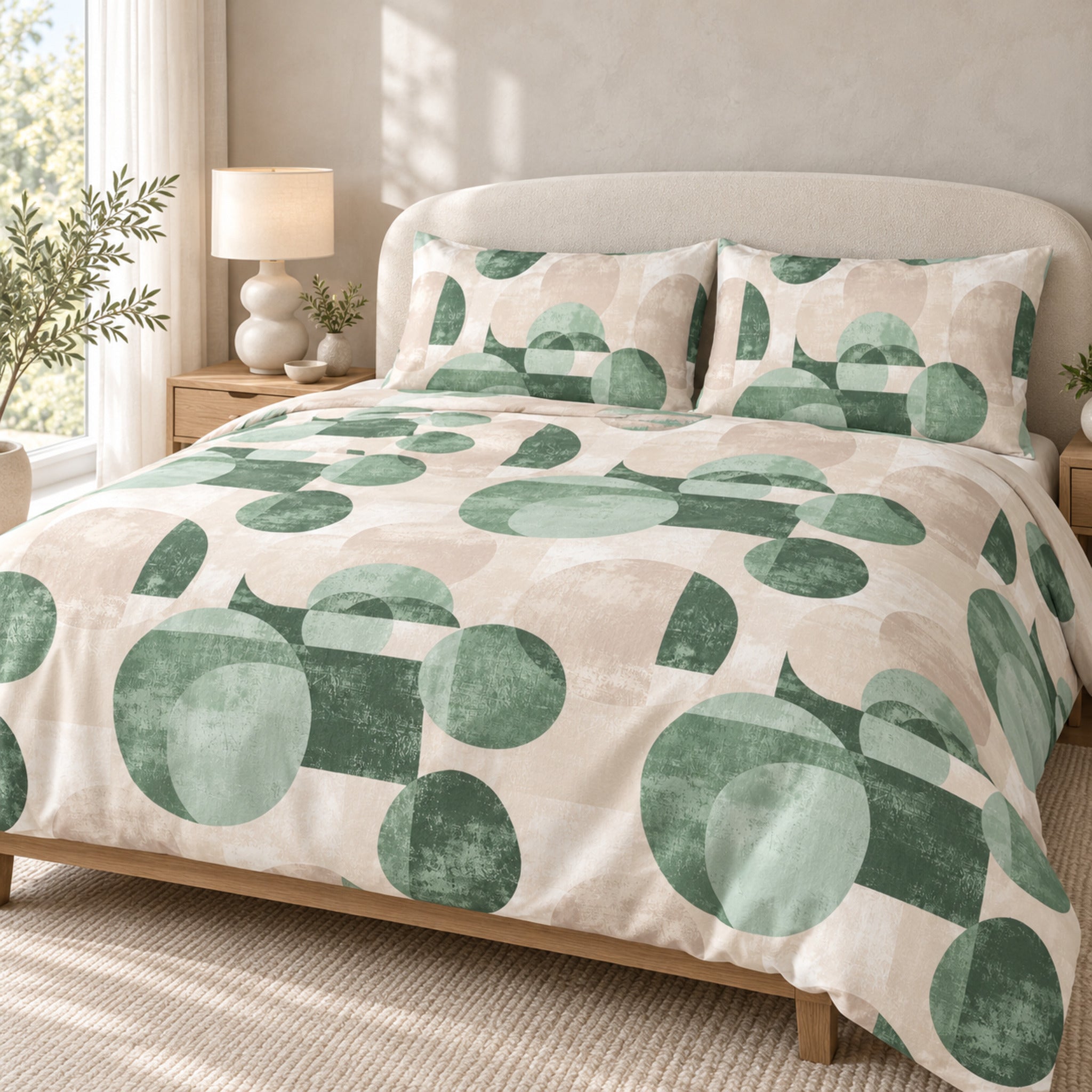Copripiumino matrimoniale Zambaiti Style 2104 Verde sul letto, con geometrie verdi e beige su fondo chiaro