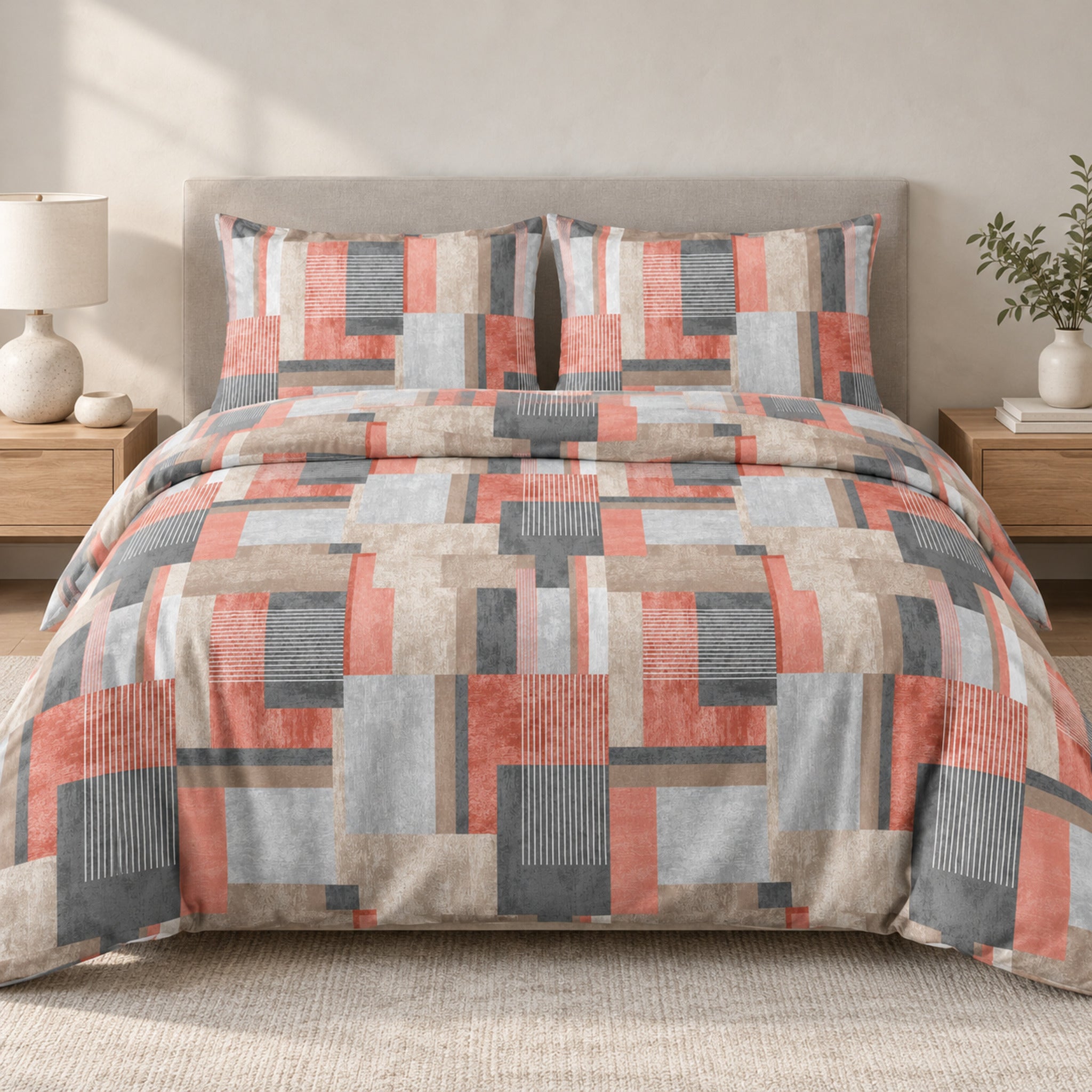 Parure copripiumino Zambaiti Style 2106 Arancio sul letto, con rettangoli corallo, grigi e beige e righe bianche
