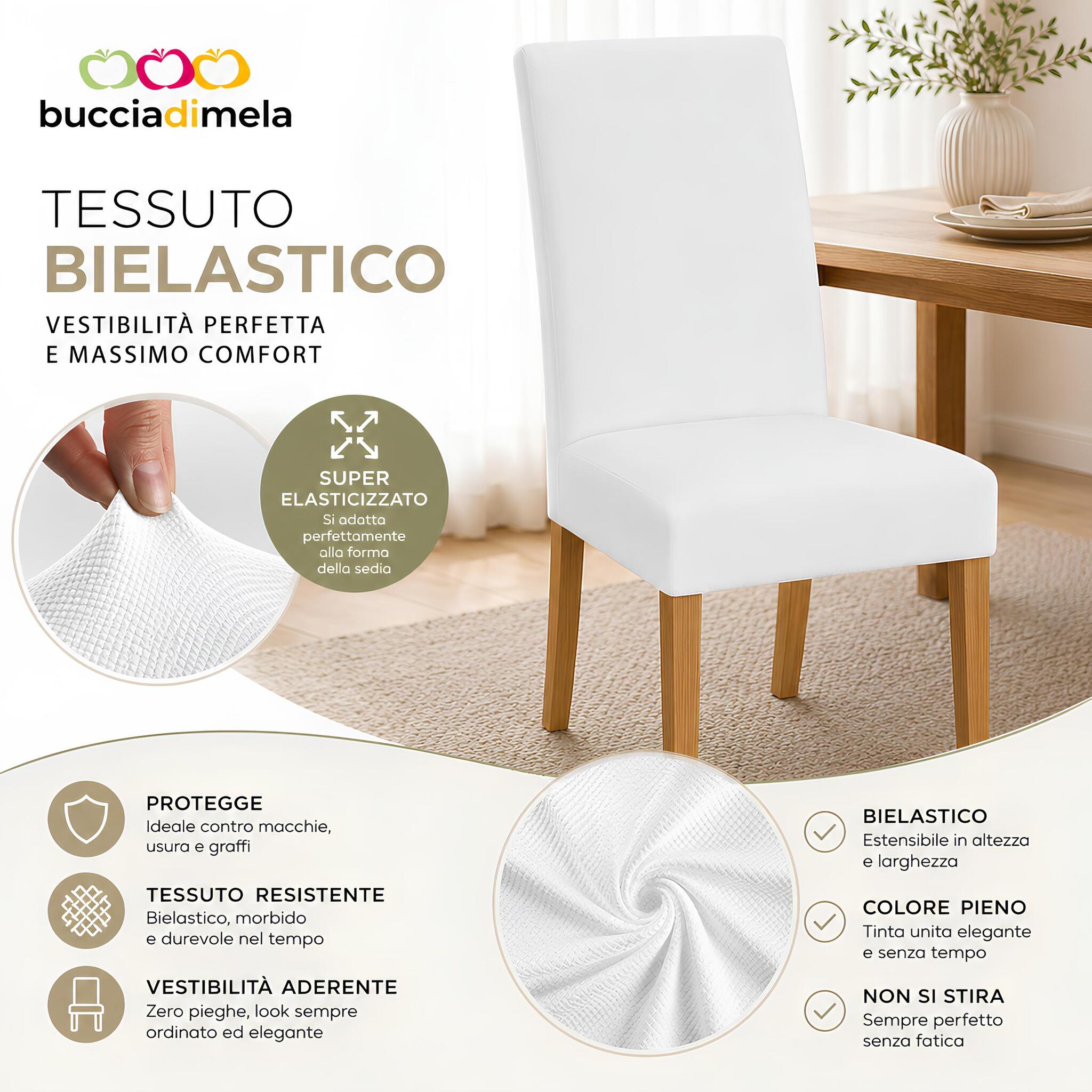 Coprisedia elasticizzati Buccia di Mela in tessuto bielastico resistente, aderente e lavabile.