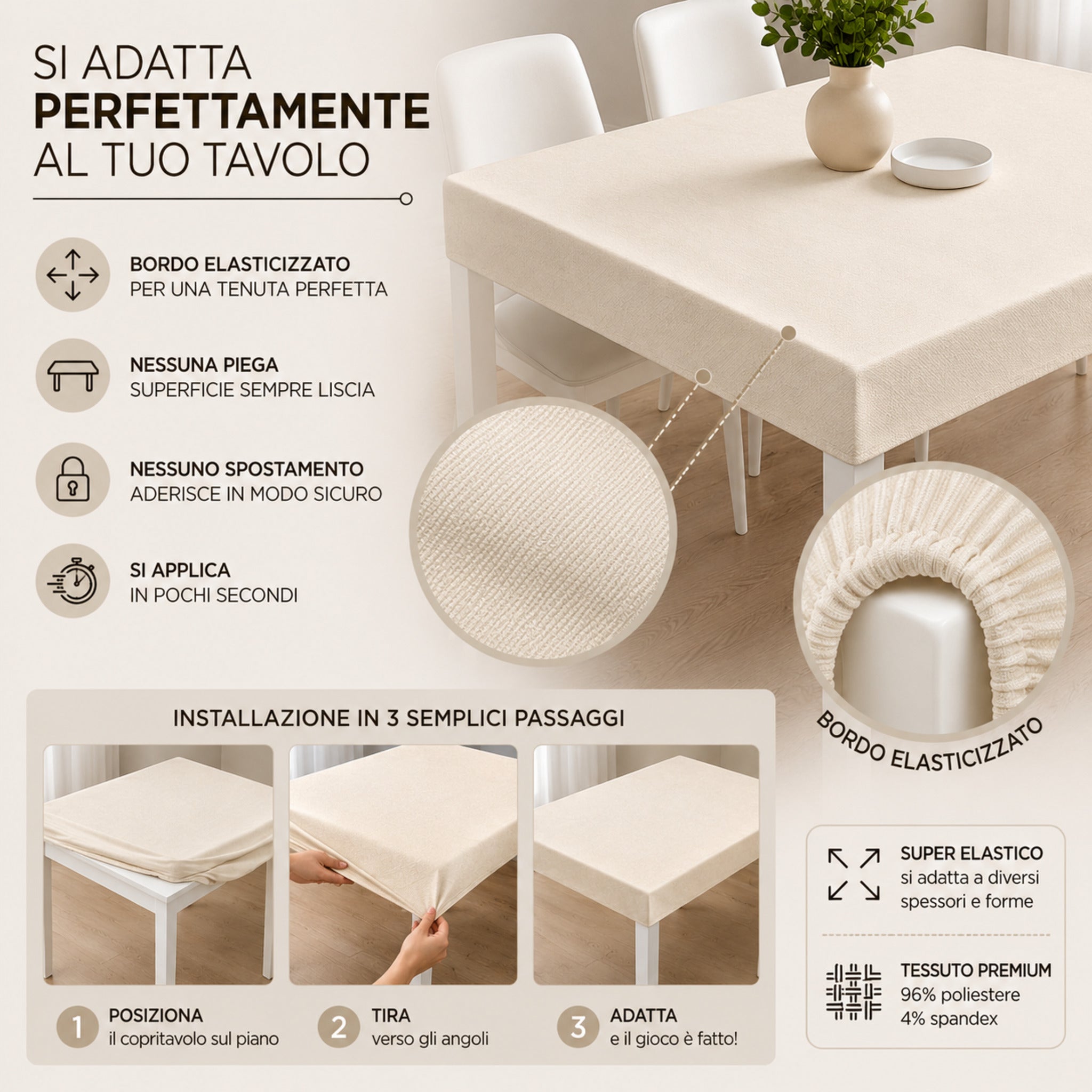 Copritavolo Elasticizzato Buccia di Mela Made in Italy – Tovaglia Elastica Universale Lavabile 6 e 12 Posti